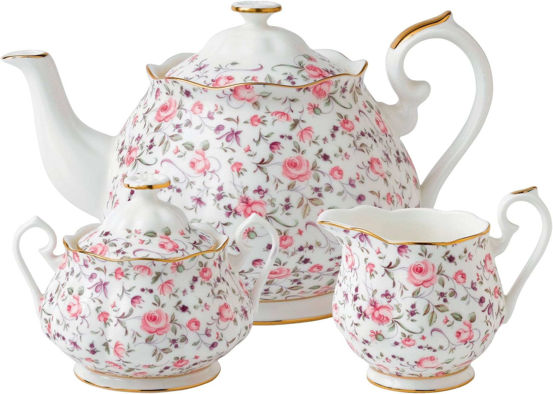 Royal Albert Modern Vintage ROSCON25823 Teapot, Sugar Box, Creamer, 3 Piece Set Rose Confetti, Bone China, White, 3-Piece