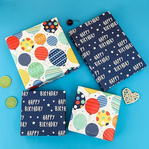 Miniatura 7 de BULKYTREE Rollo de papel reversible de regalo de cumpleaños para niños, niñas, hombres, mujeres, globo colorido, feliz cumpleaños y estrellas, papel
