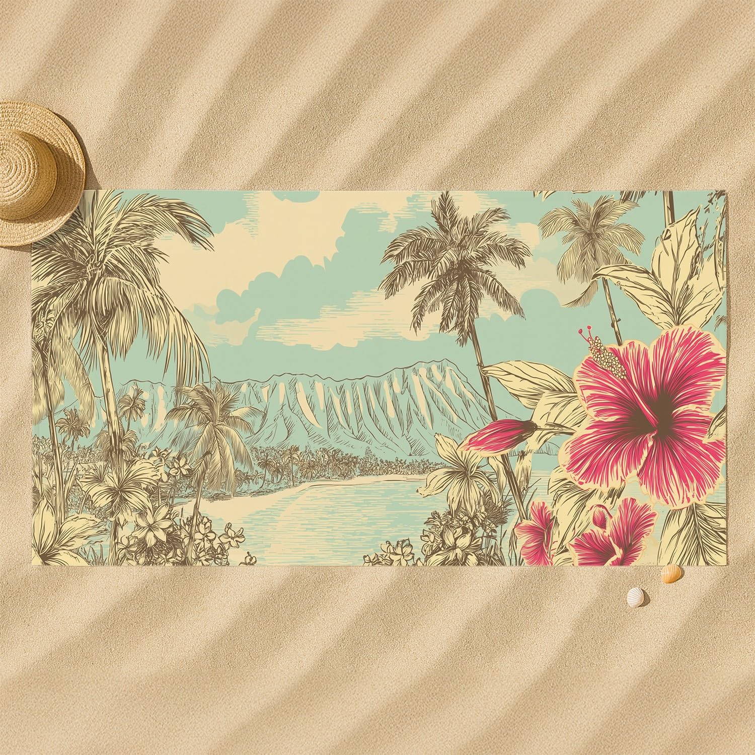 Retro, nostalgisch, klassisch Strandtuch 230 x 210 cm - Strandtuch trandtuch Leichtdünn Weich Strandtuch Hibiskusblüten, Berge, Strand, Palmen,für Strand, Pool, Yoga, Picknick