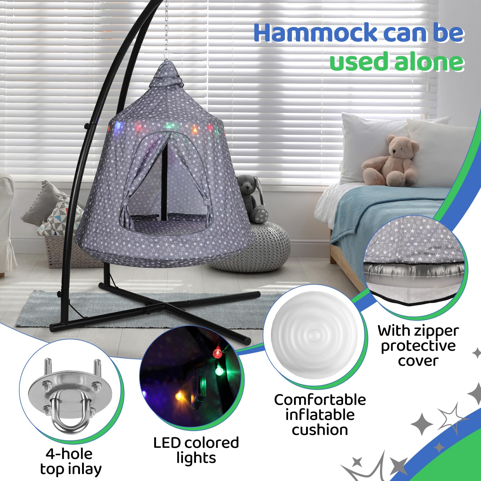 MAMIZO Hängesessel mit Gestell Outdoor&Indoor,150kg Hängehöhle,213×112×112cm Hängematte,Hänge Spielzelt,Schaukel Garten,Camping Hängezelt,int LED-Leuchten,mit aufblasbarem Kissen