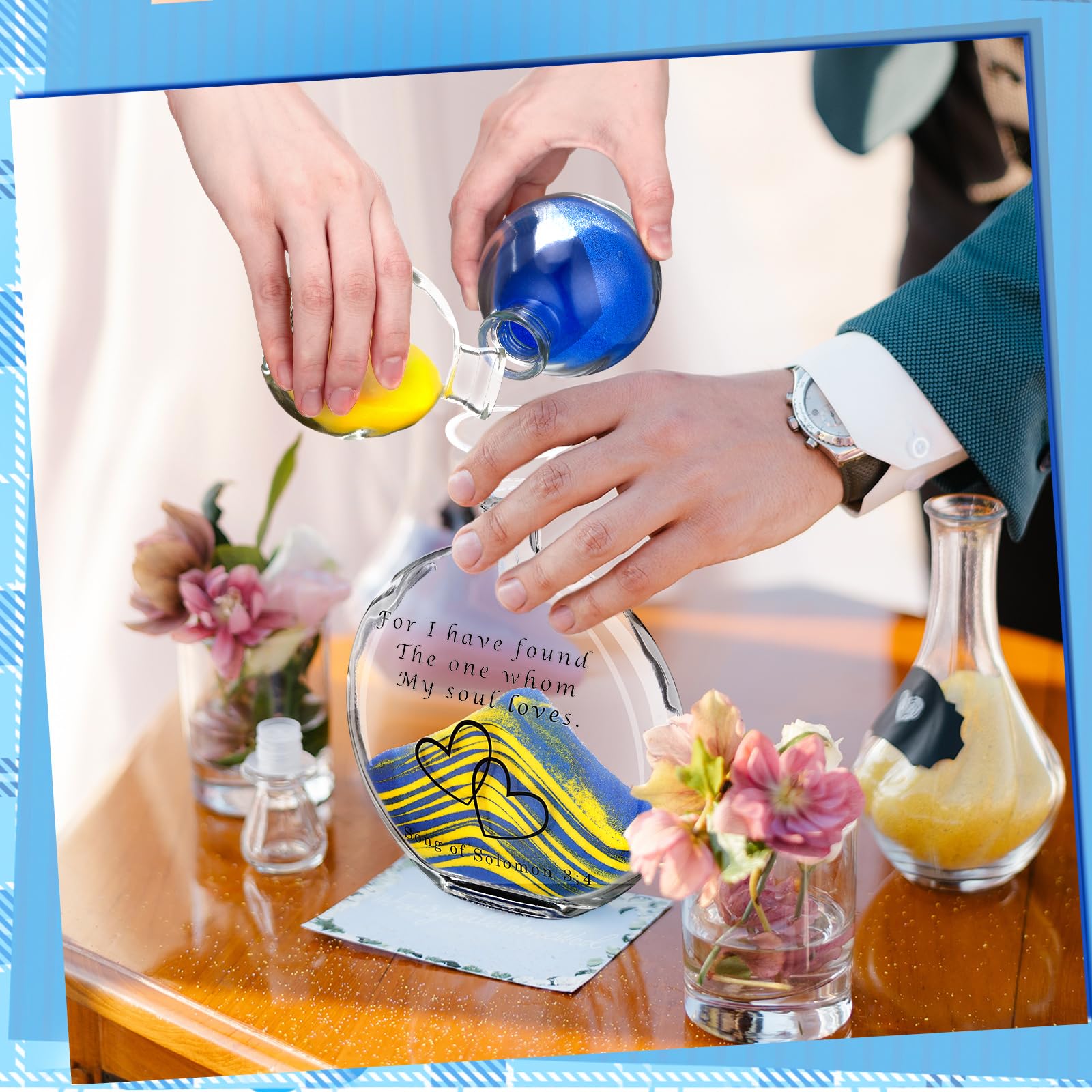 Irenare Set Sabbia Unity per Cerimonia di Matrimonio Include 3 Vasi Decorativi, Sabbia Blu Gialla, Tappo in Sughero Kit Cerimonia per Matrimoni Centrotavola Fidanzamento Ricordo Anniversario
