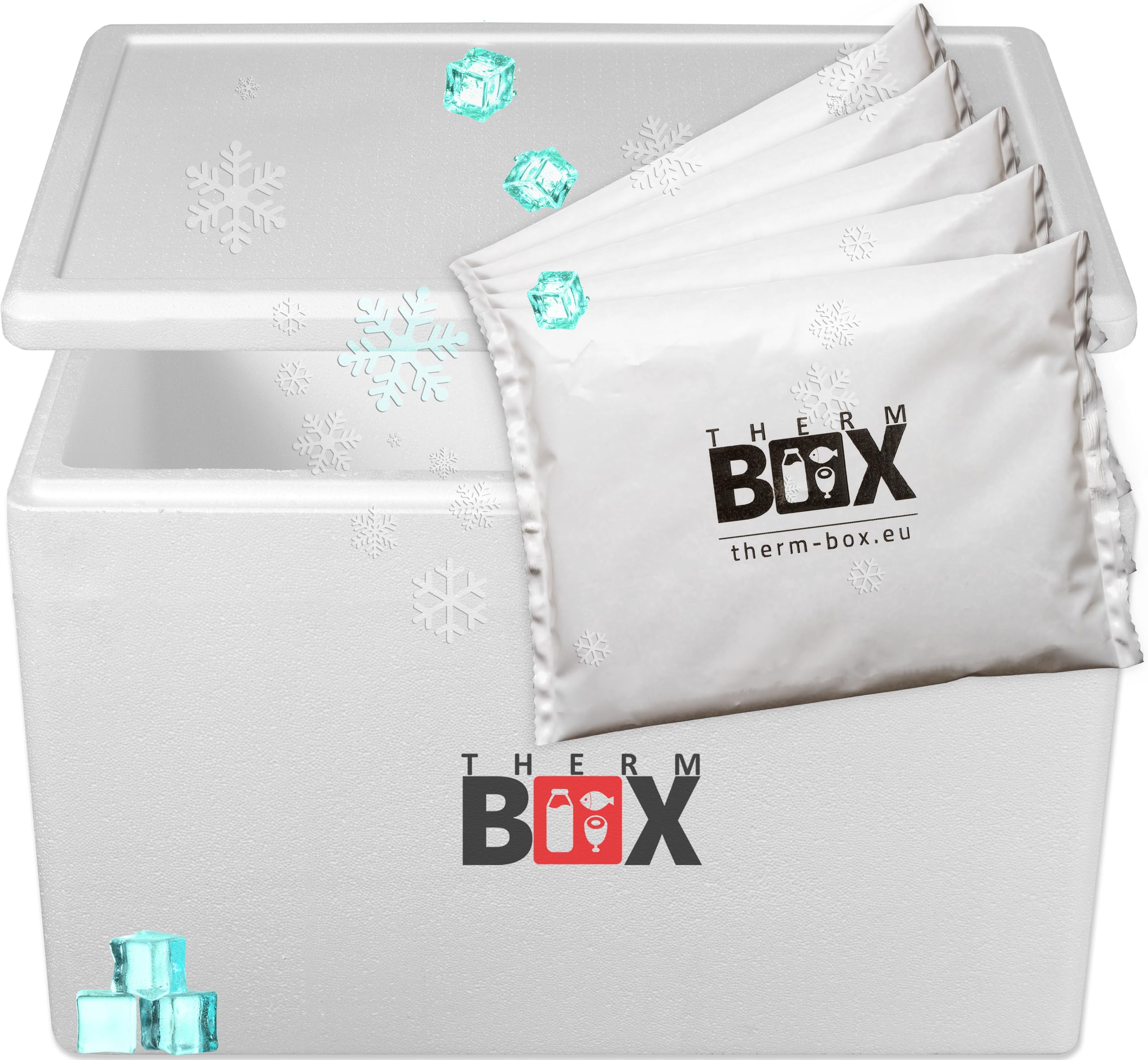 THERM BOX Styroporbox 61W mit 5X Kühlakku für Kühlbox 61,5L Innen: 53x33x34cm Transportbox Thermbehälter Wiederverwendbar