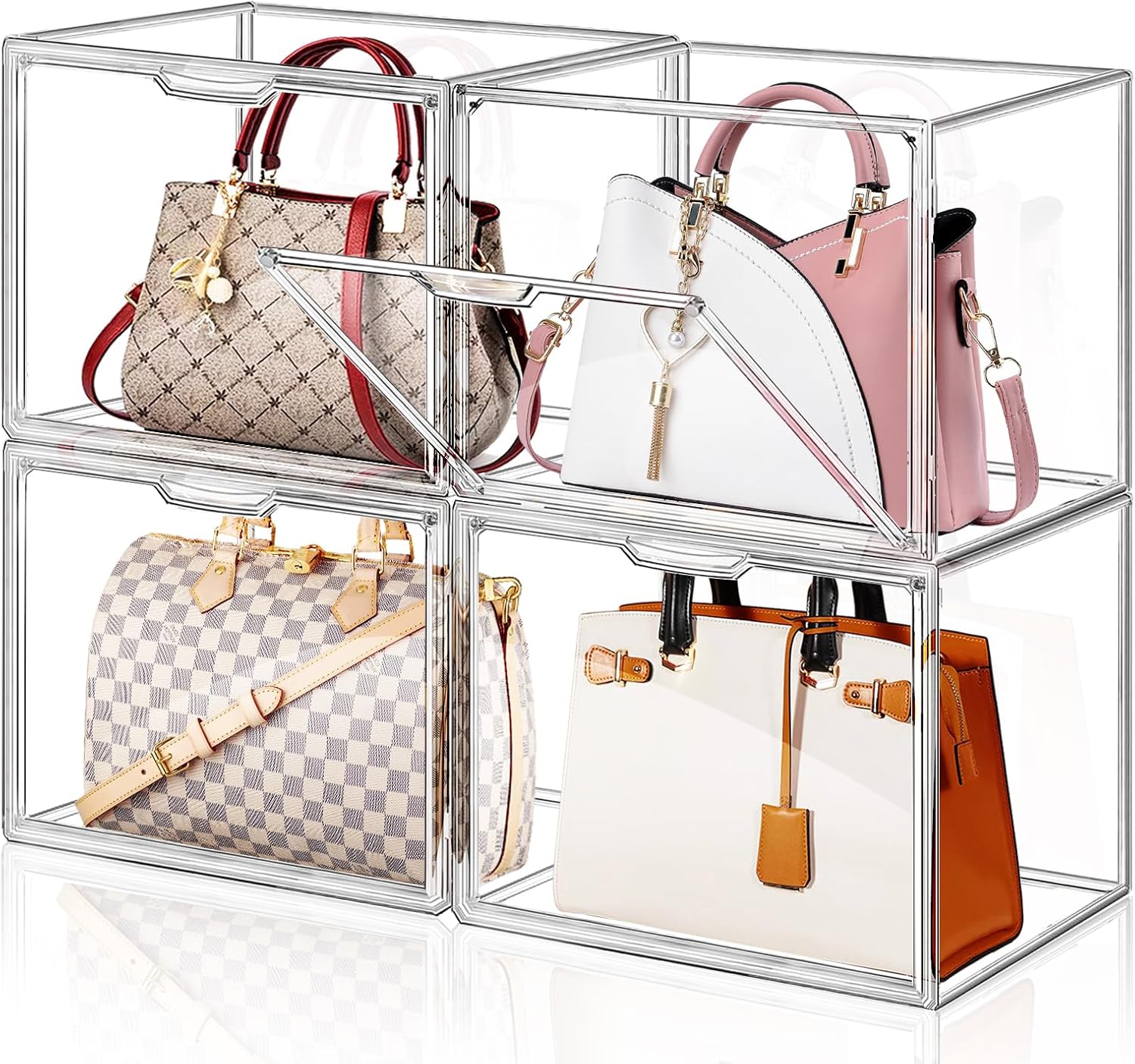 4 Packs Handbag Storage Organizer for Closet, ULENDIS Clear Acrylic Display Case for Purse and Handbag, Stackable Storage Organizer with Magnetic Door for Wallet Book Cosmetic Toys Display