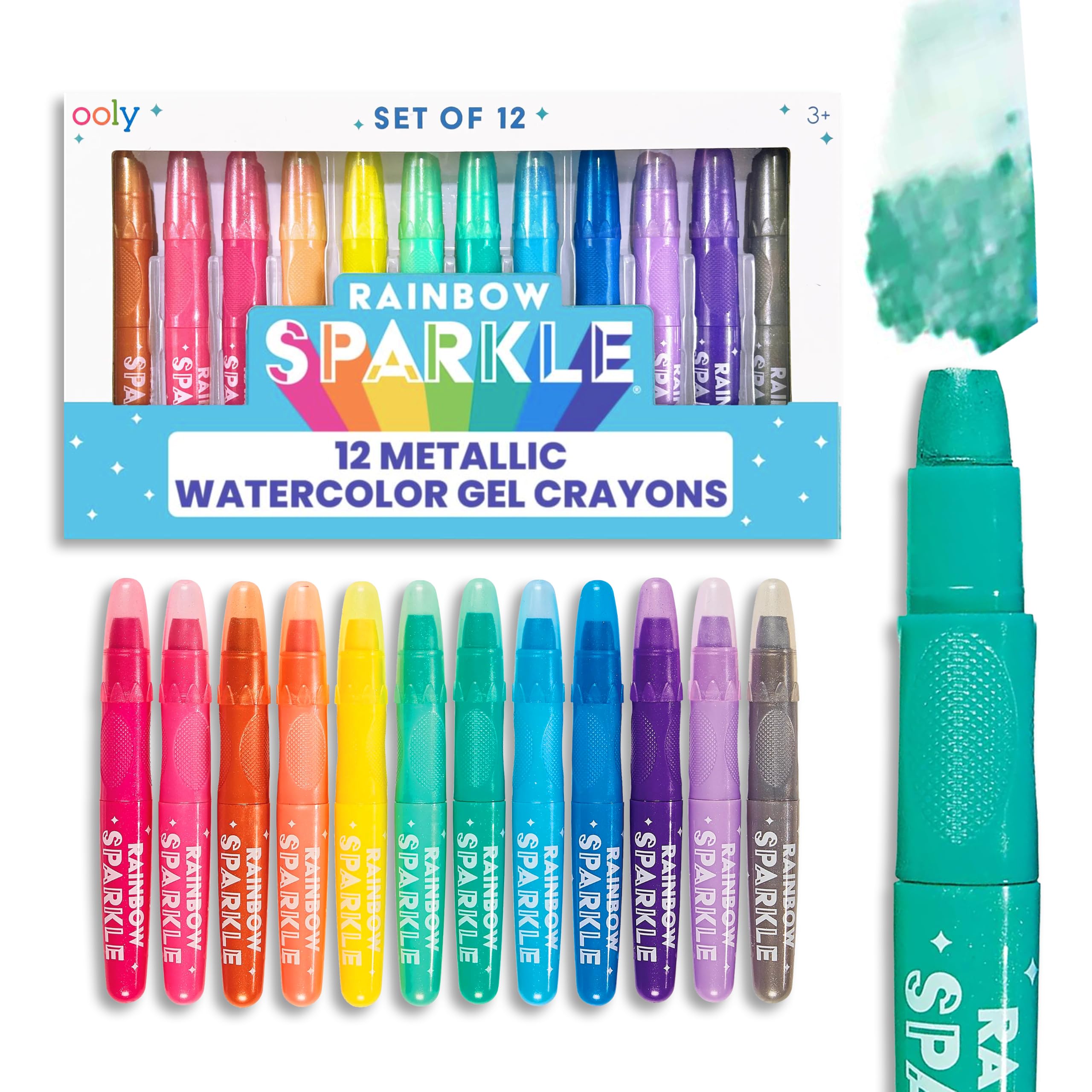 Ooly Rainbow Sparkle Metallic Watercolor Gel Crayons, Set of 12 | Ages 3+, Metallic Watercolor Colors, Glitter Gel Markers, Colorful Twistable Crayons for Drawing, Kids and Toddlers
