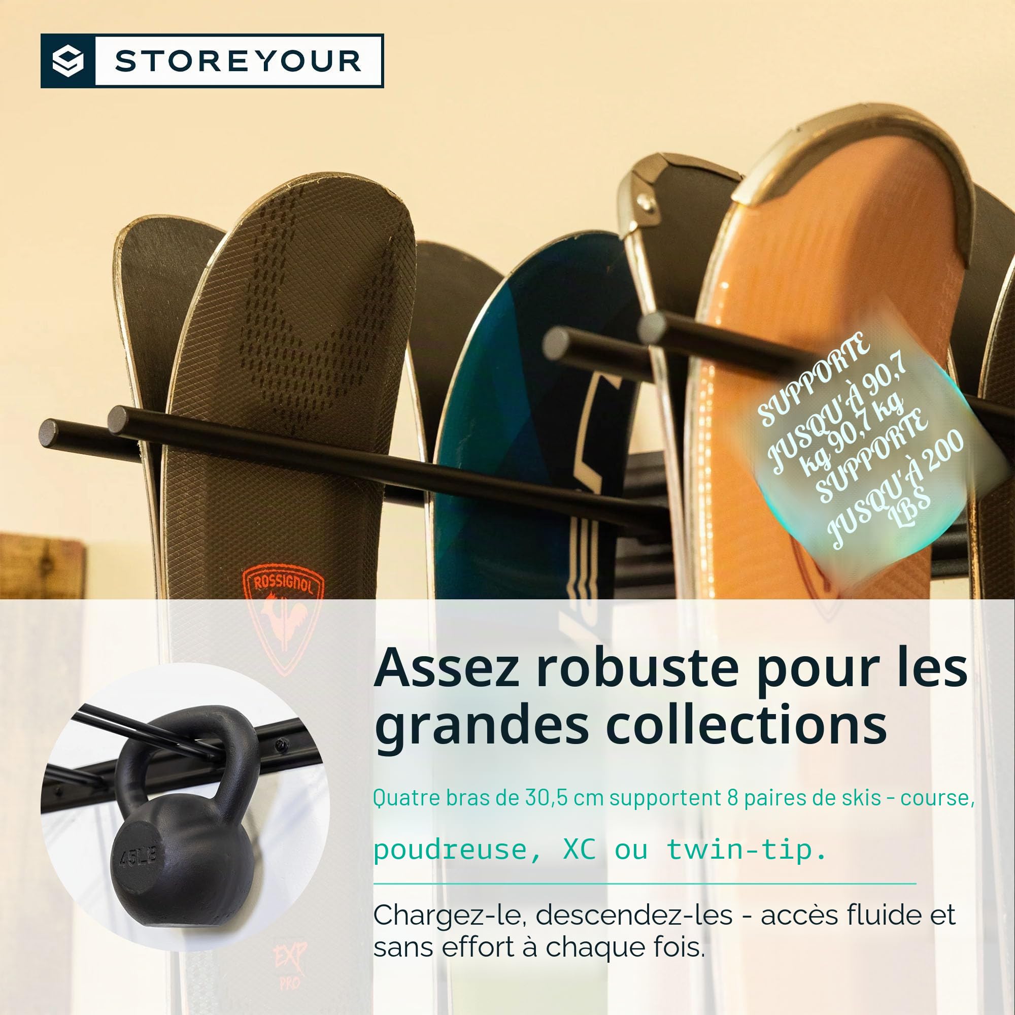 StoreYourBoard Support de rangement mural pour ski, détient 8 paires, support de skis pour maison et garage en acier (Noir)