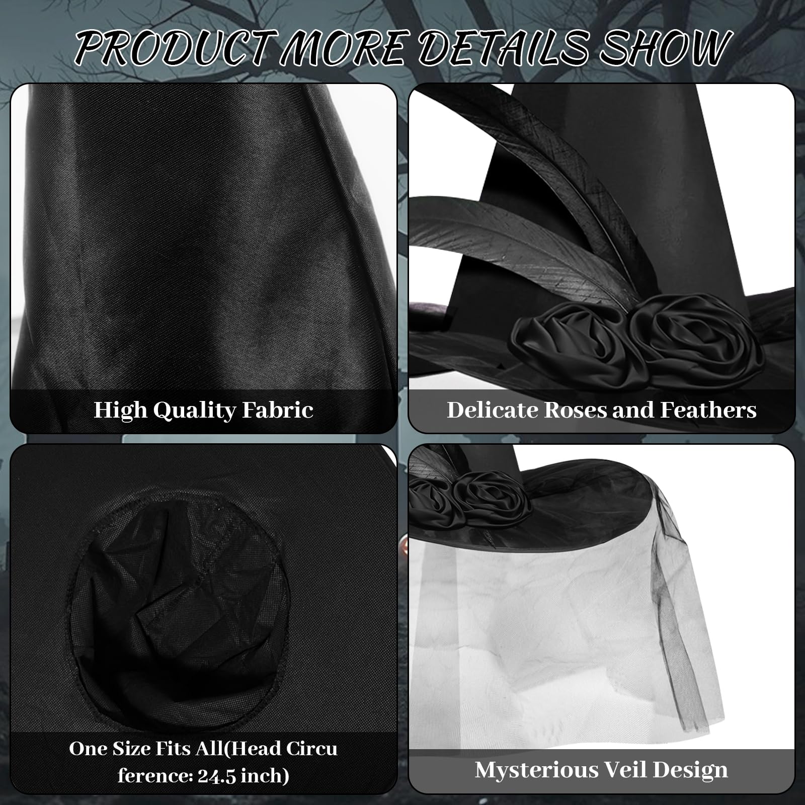 JUSTOTRY Halloween Witch Hat - Halloween Costume Witches Hats for Women attached with Roses & Feathers