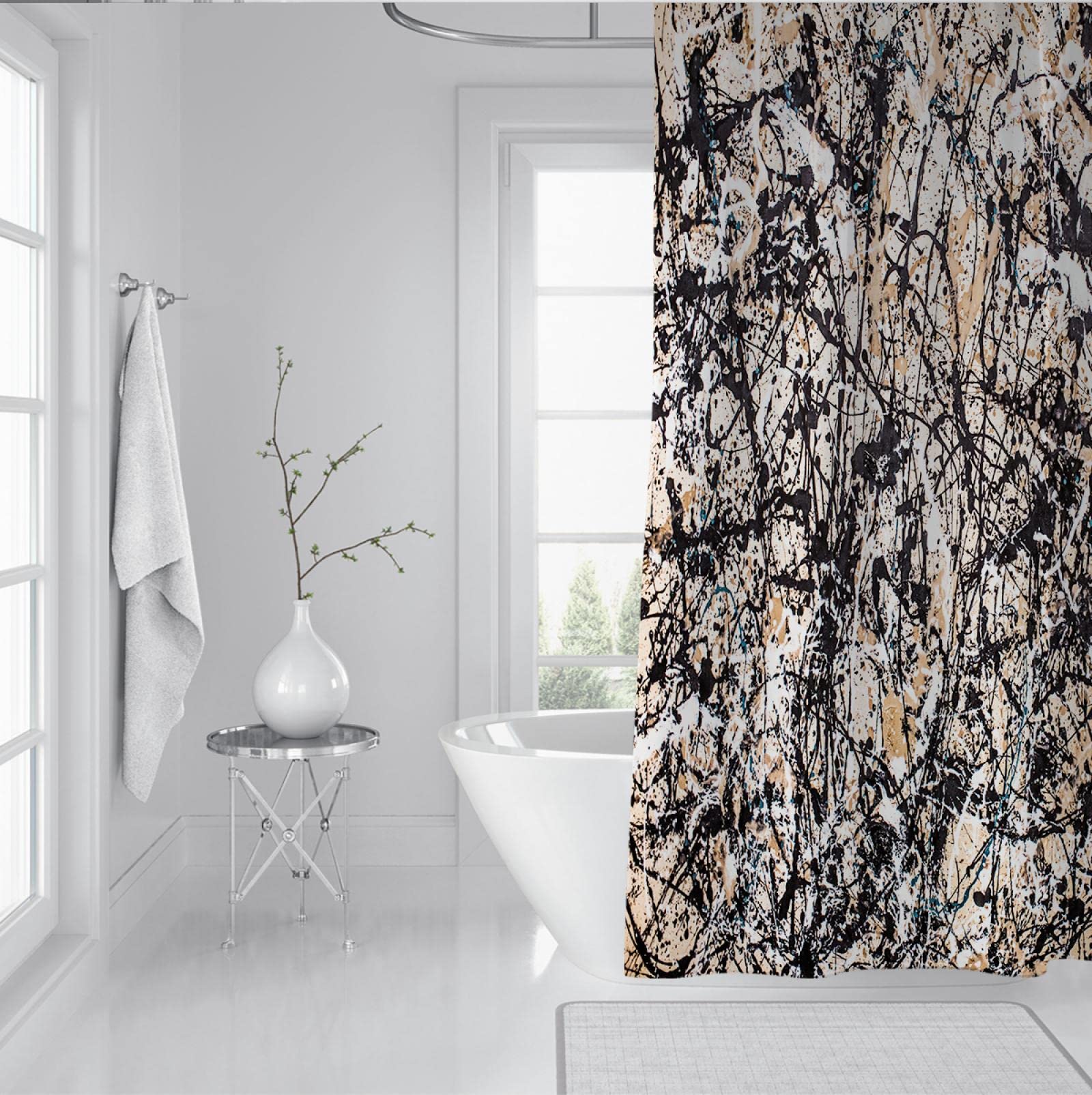 Jackson Pollock Juego de Cortinas de Ducha con Ganchos Abstract Splash Cortinas de Ducha Quick Dry Waterproof Washable Black Bathroom Curtain W150xL200cm