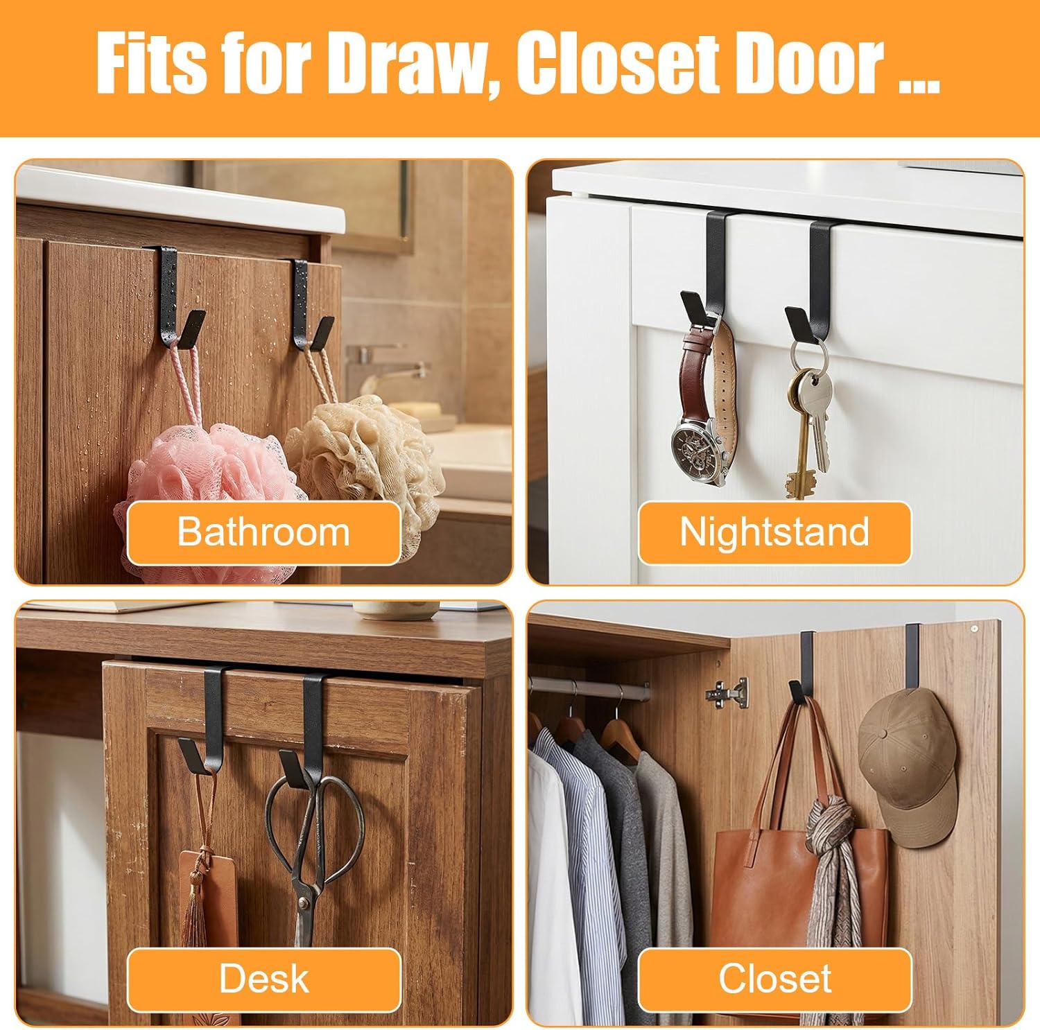 8PCS Over The Cabinet Door Hooks, Heavy Duty J-Hooks No Drill Cabinet Hooks Cabinets Drawer Organizer Metal Wreath Hanger for Hanging Space-Saving