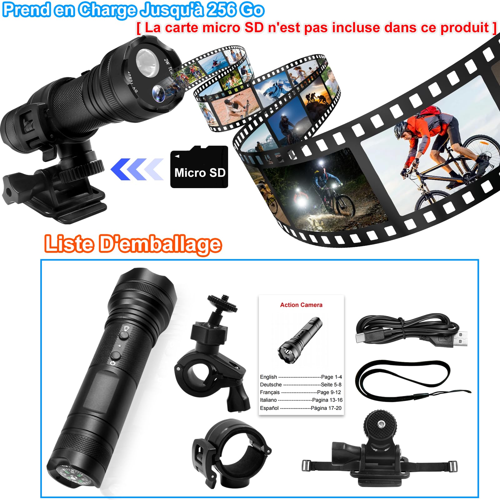 Camera Sport 1080P 120° avec Lampe, 2600mAh 11h Autonomie