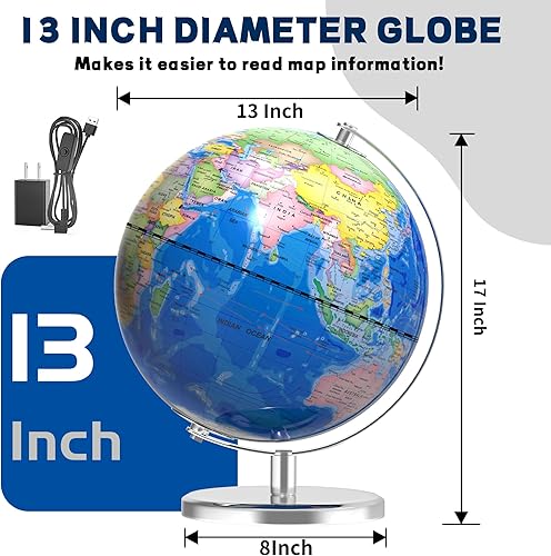 Miniatura 3 de Globo mundial grande de 13 pulgadas para adultos, globo educativo para niños, coloridos detalles de mapa del mundo HD para el aprendizaje de los
