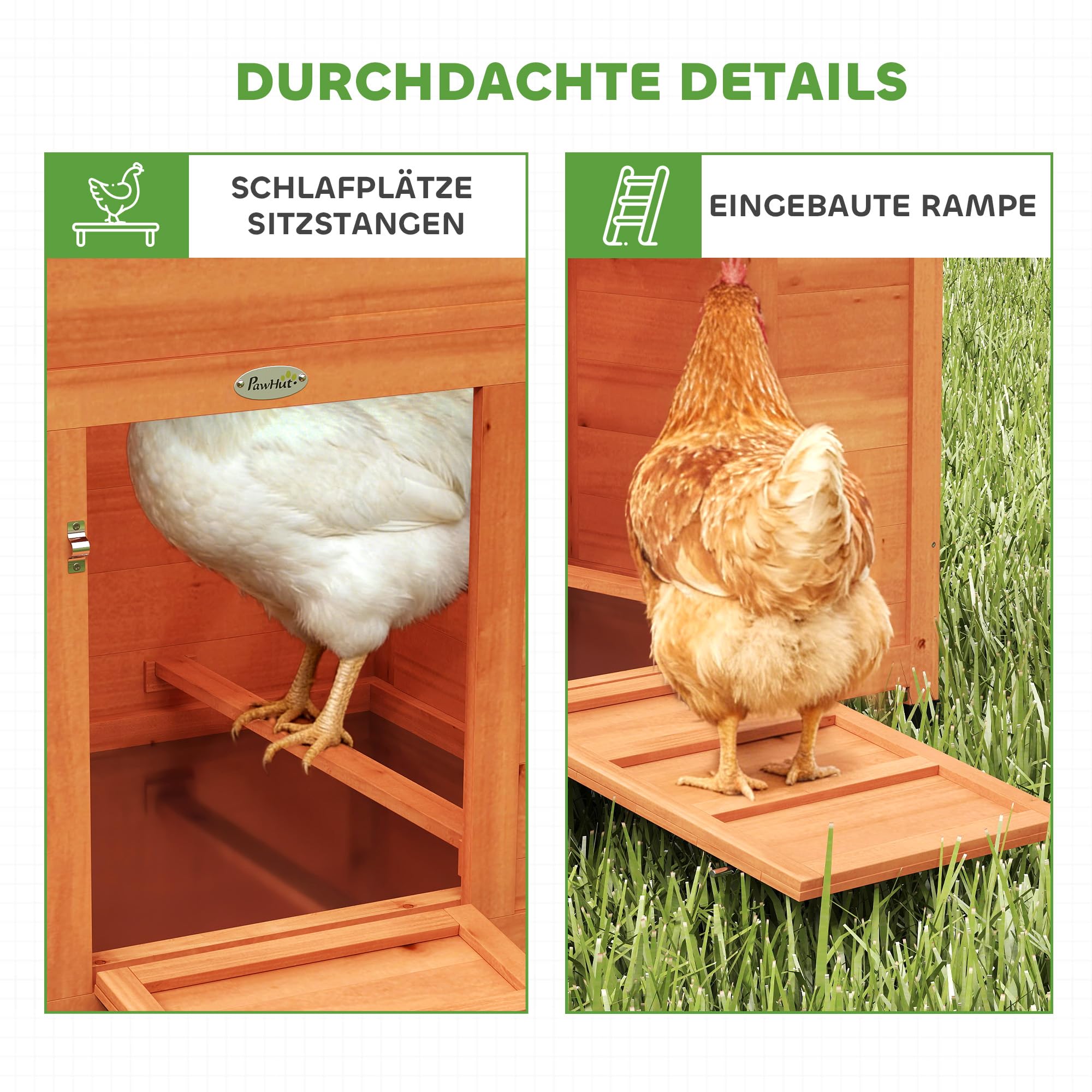 PawHut Hühnerstall Winterfest Nistkasten für 2 Hühner 113,5x67,5x95,5cm | Hühnerhaus Holz, 2 Sitzstangen, Rampe, Schiebefenster, Wasserdichtes Dach, Herausziehbares Tablett, für Enten Kaninchen