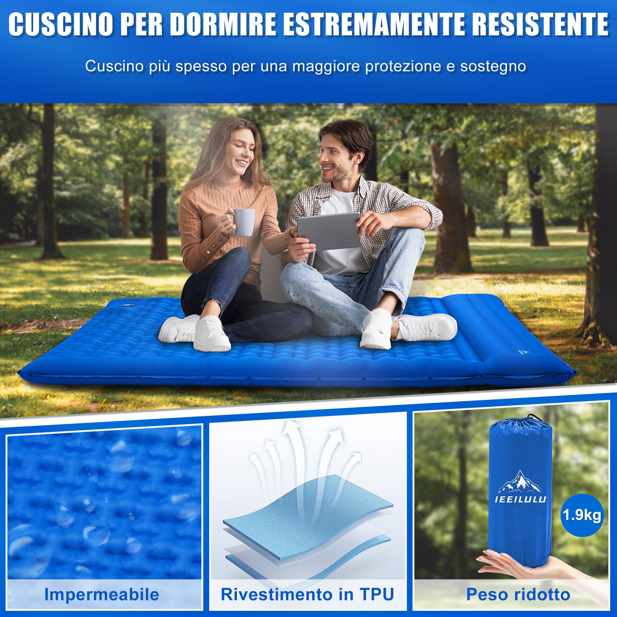 IEEILULU Materassino Campeggio, 196 * 140cm Materasso Gonfiabile Matrimoniale con Cuscino, Materassino Ultraleggero Autogonfiabile per 2 Persone Campeggio Backpacking Viaggio Spiaggia (Blu marino)