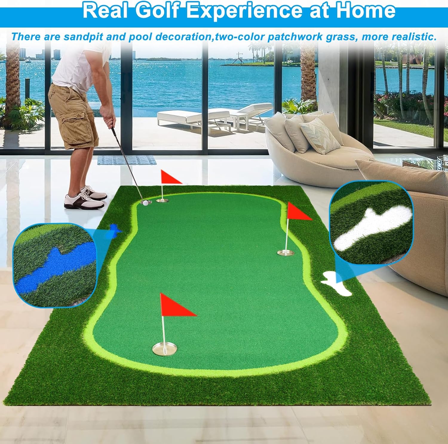 Golf Putting Green, Large Professional Golf Training Mat, Realistic Artificial Grass Turf,Golf Turf Mat with 3 Flags, Golf Game Kids, Putting Practice Green Mat for Indoor Outdoor