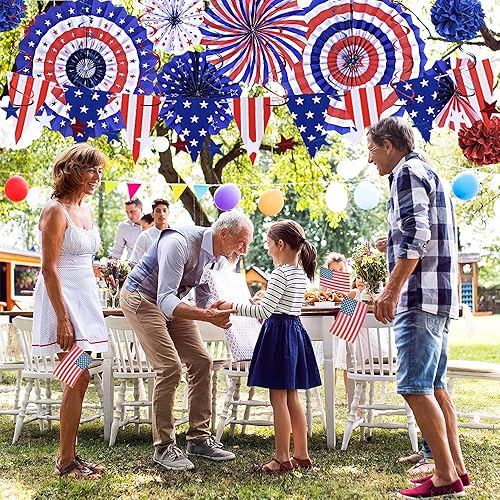 Miniatura 7 de Juego de decoraciones patrióticas del 4 de julio, suministros para fiesta de la bandera americana, abanicos de papel rojo, blanco y azul, remolinos