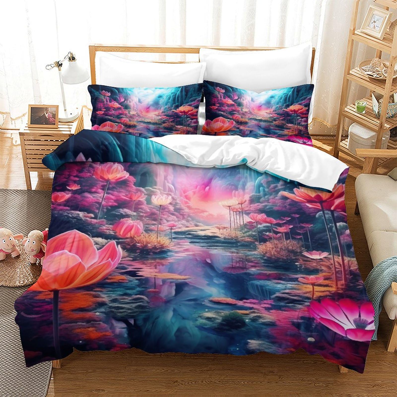 Parure de lit fleurs 3D microfibre housse de couette 140x200 avec taie d'oreiller