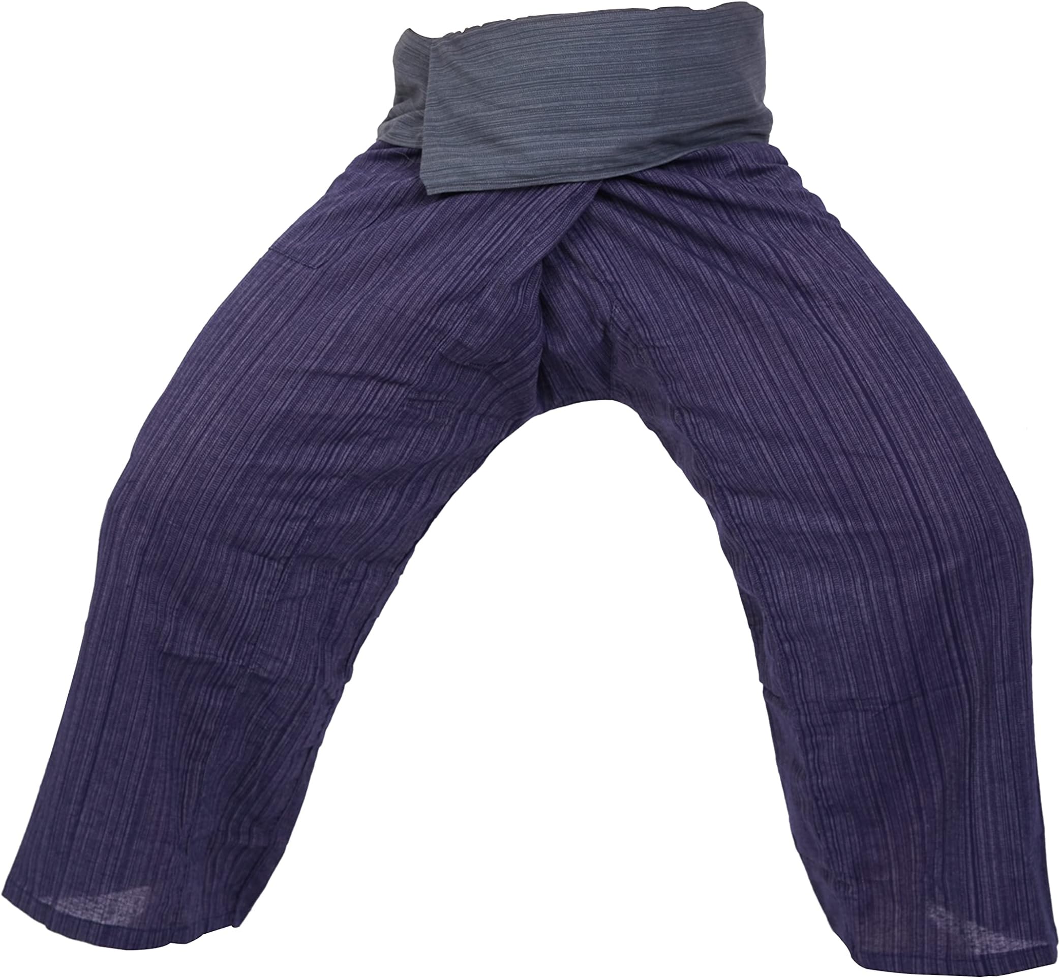 LannaPremium Men's 2 Tone Thai Fisherman Pants Yoga Trousers Free Plus Size Cotton Dark Blue and Drill Striped Gray, XX-Large