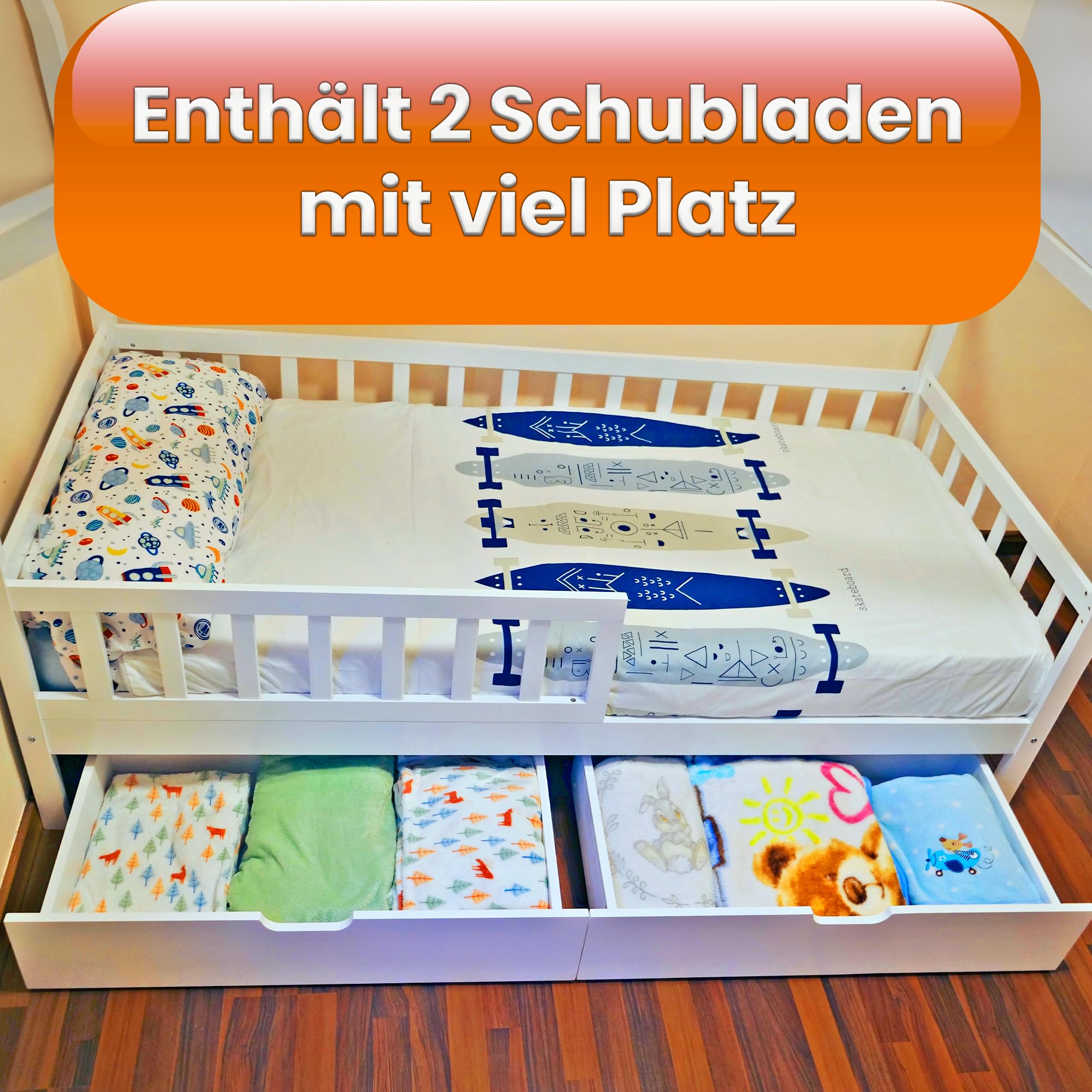 Kinder Hausbett 90x200 cm aus Massivholz Kiefer – Weiß – mit 2 Schubladen, Lattenrost & Rausfallschutz – Kinderbett im Haus-Design (ohne Matratze)