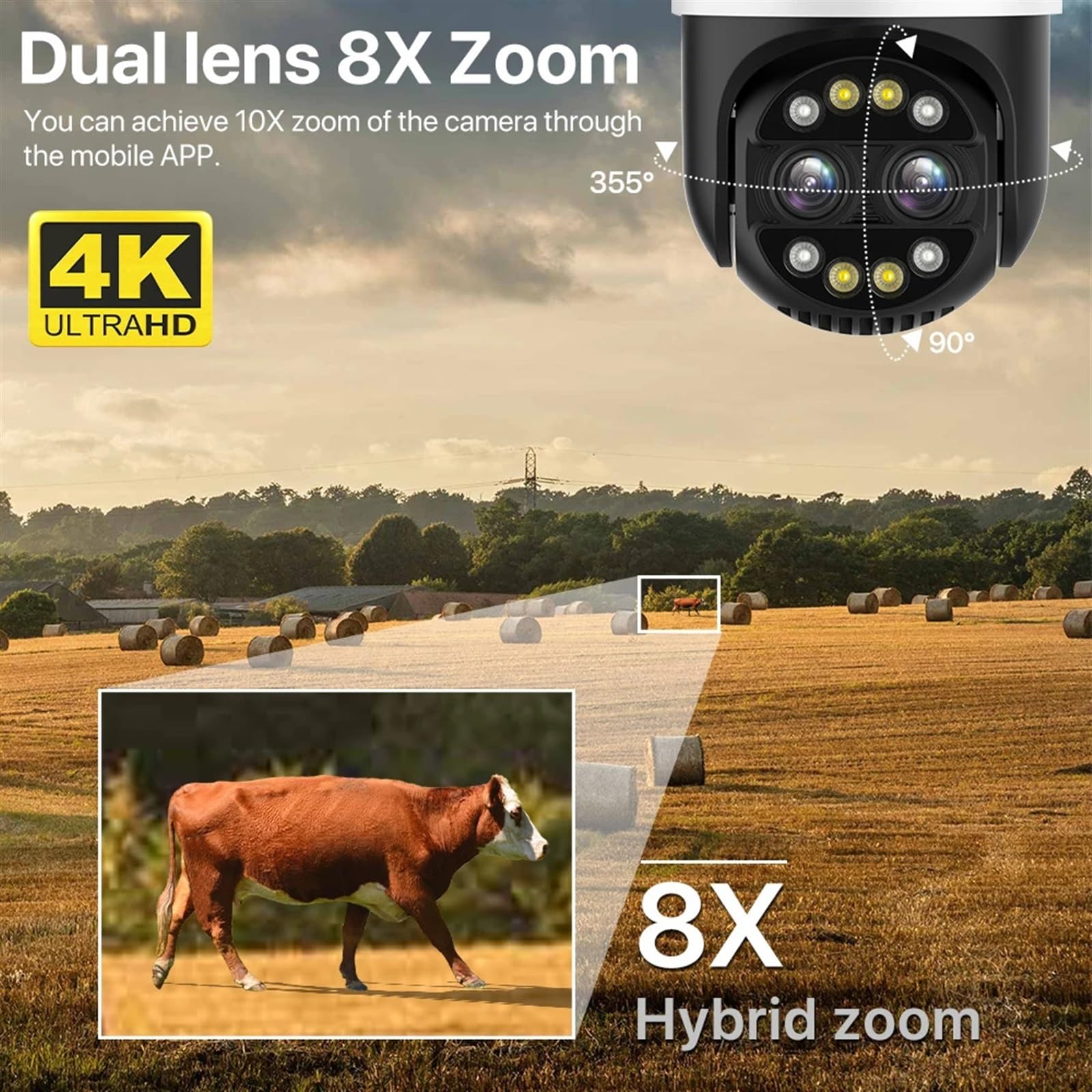 Kamery Monitoringu, Kamera IP 8 MP 4K PTZ 8x Zoom hybrydowy 2,8 + 12 mm Kamera Wi-Fi z dwoma obiektywami Automatyczne śledzenie 4 MP Audio Bezpieczeństwo Nadzór wideo(4MP NO Card)