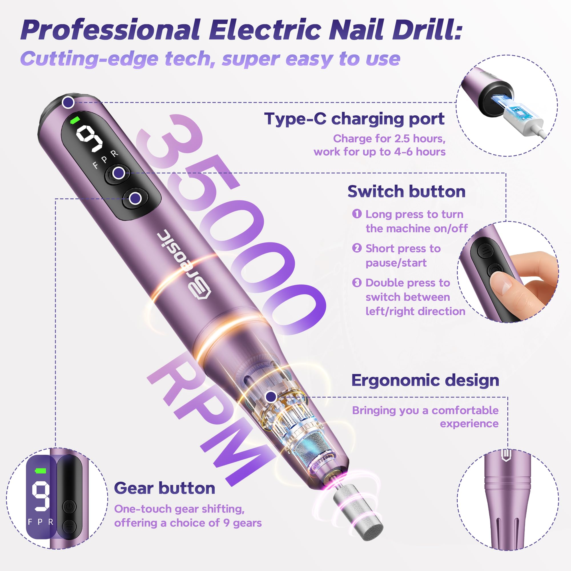 Fresa per Unghie Professionale 35000 Giri Lima Elettrica per Unghie con Schermo LED 12 in 1 Frese per Unghie Portatile Trapano per Unghie Senza Fili Velocità Regolabile Nail Drill (Viola)