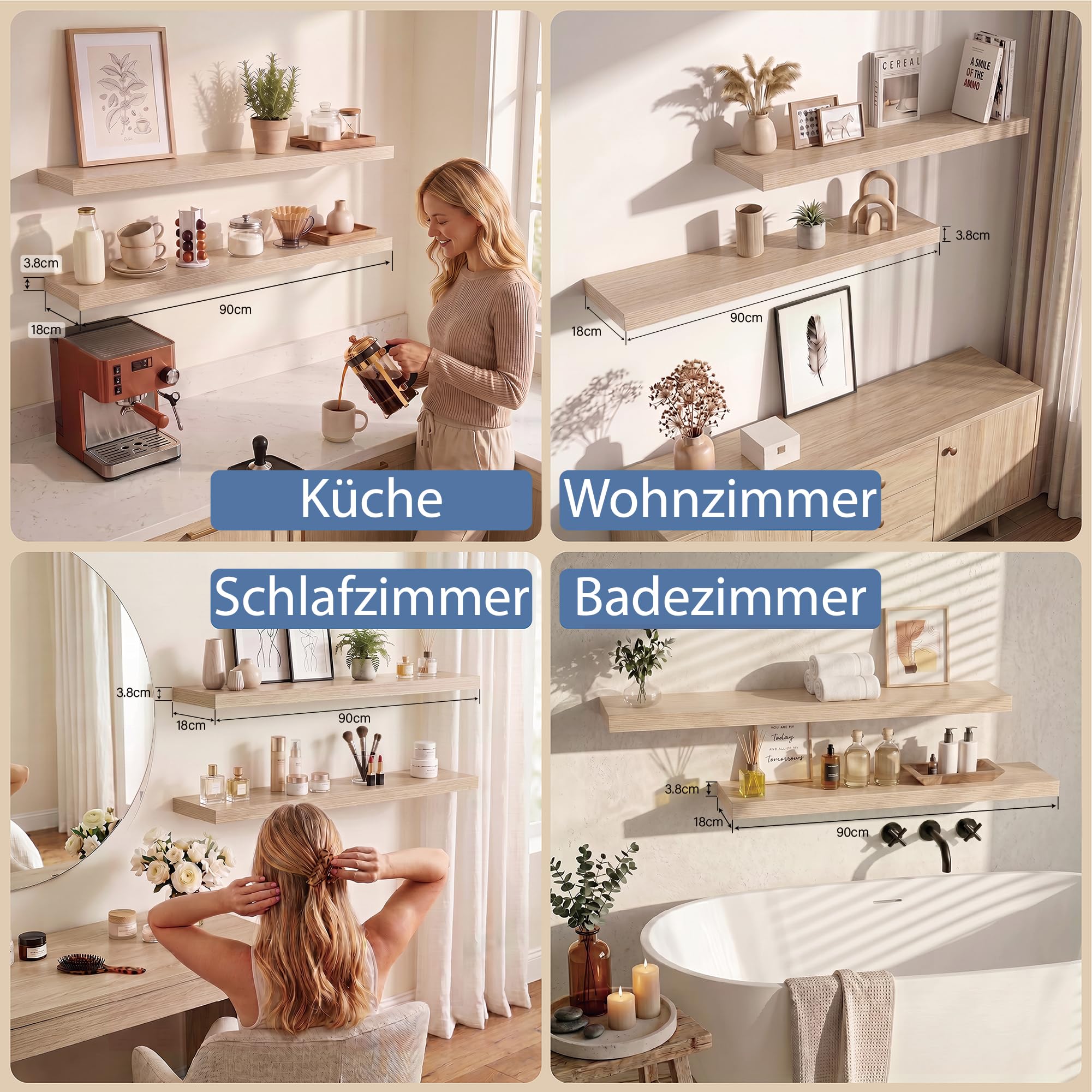 Wandregal Eiche 90 cm, 2er Set Schweberegal mit unsichtbarer Halterung, modernes Wandboard für Bücher, Bilder & Deko, Hängeregal für Wohnzimmer Küche Bad Kinderzimmer