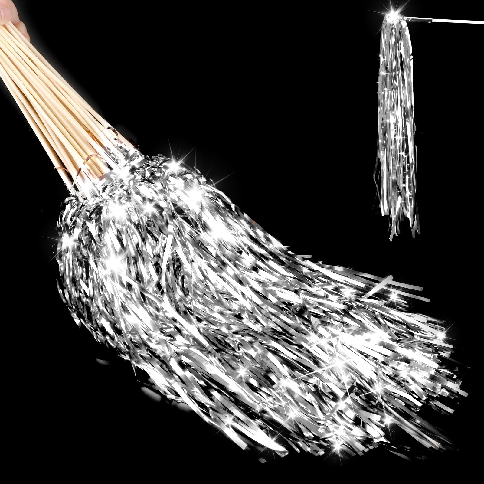 Photo 1 of ?Drixbor 100 PCS Light Up Wedding Wands - LED Tinsel Streamers for Wedding Send Off & Grand Entrance, Party Favors for Weddings Birthdays Christmas (Silver)