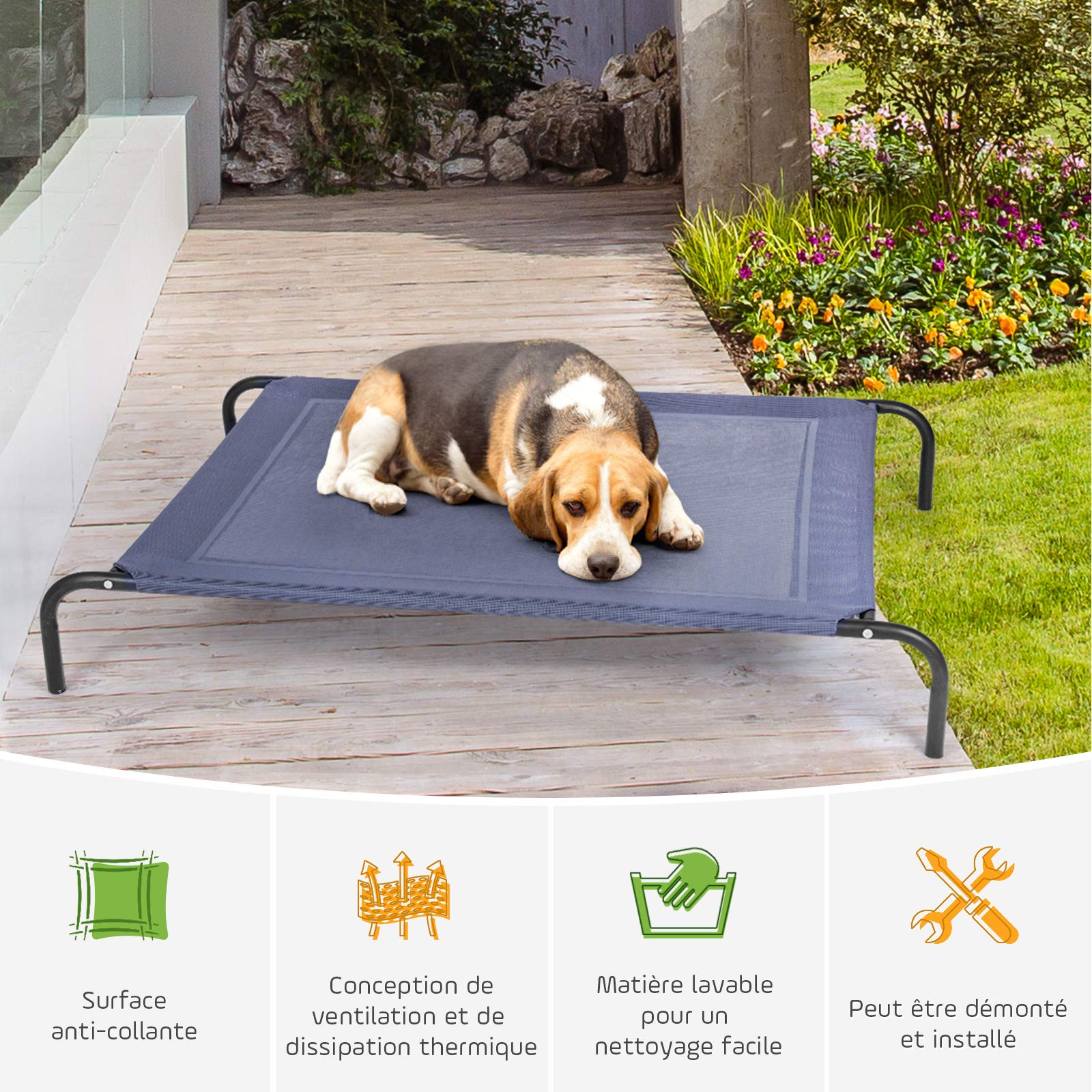 GOPLUS Lit Chien Sureleve et Rafraîchissant pour Animaux de Compagnie, Gris | Lit de Camp pour Chien en Textile Respirant Stable, Cadre Métallique, 110x80x18 CM, Charge 40KG, pour Intérieur & Extérieur