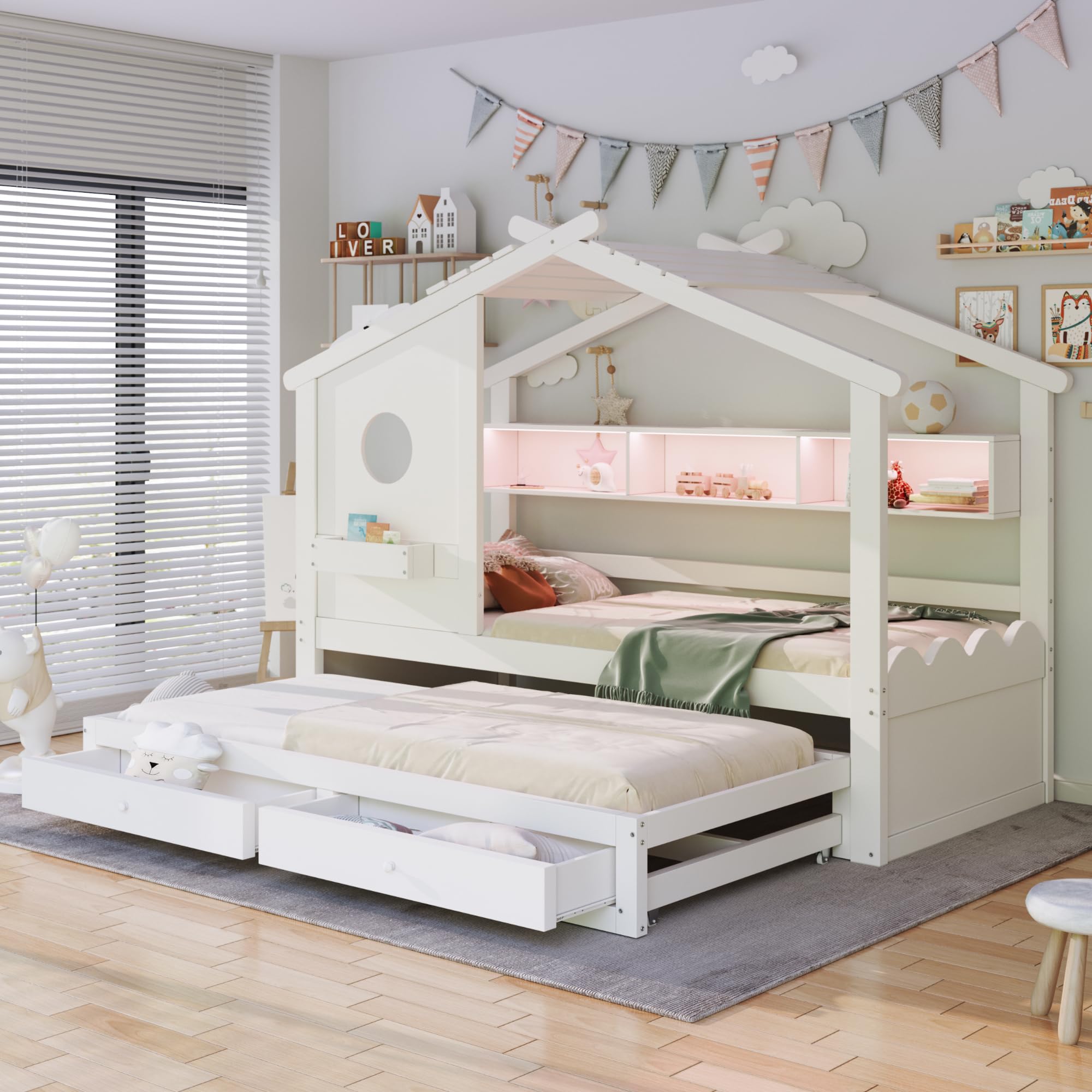 Etagenbett Kinderbett 90x200 mit Ausziehbett 90x190, Hochbett mit LED & 2 Stauraum Schubladen, Modern Hausförmiges Jugendbett mit USB Typ-C Port & Lattenrost & Einlegeböden, ohne Matratze (Weiß)