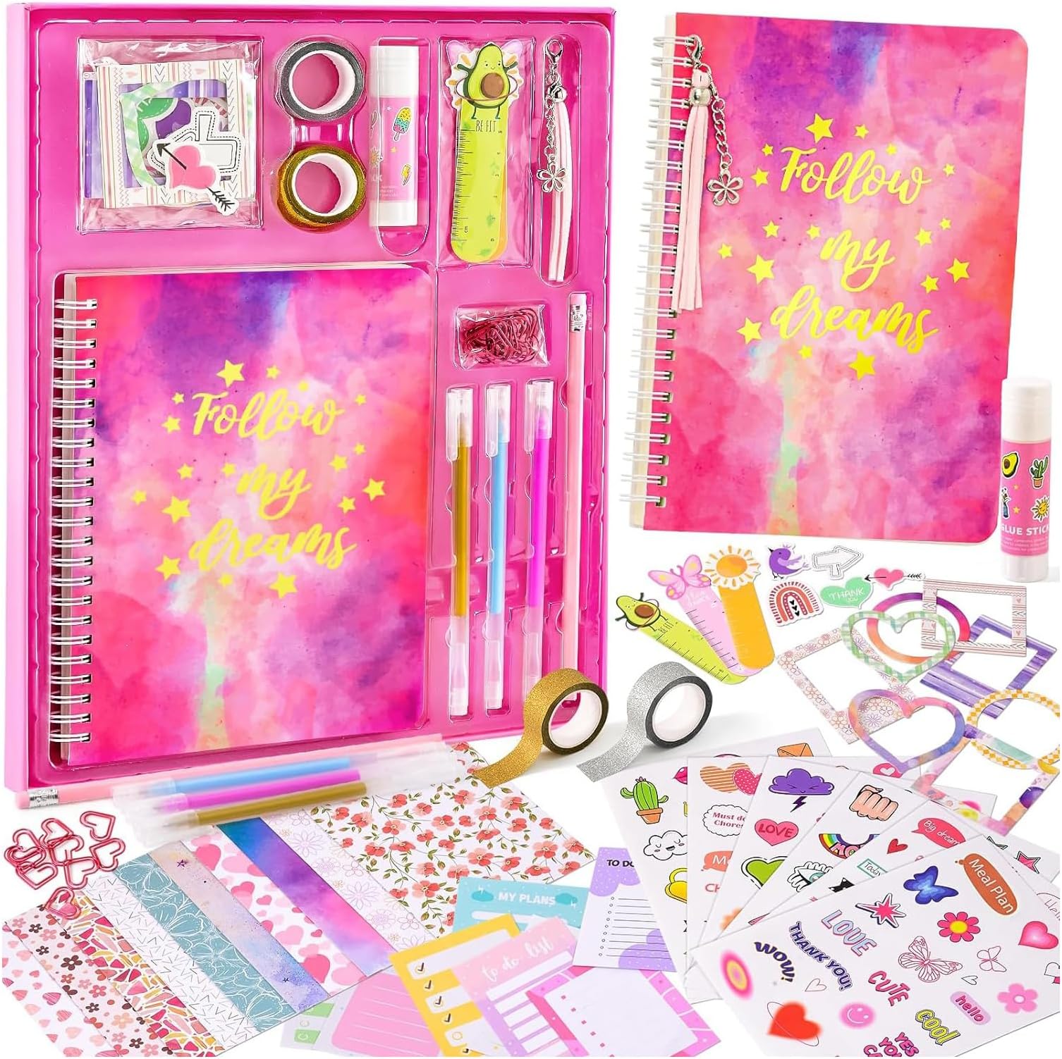 DIY Journal Kit for Girls,Scrapbook Kit Journal Diary Notebook Gifts for Girls,Journaling Arts Craft Kit Birthday Holiday DIY Craft Kits 8 9 10 11 12,Scrapbook & Diary Supplies Set (pink-1)