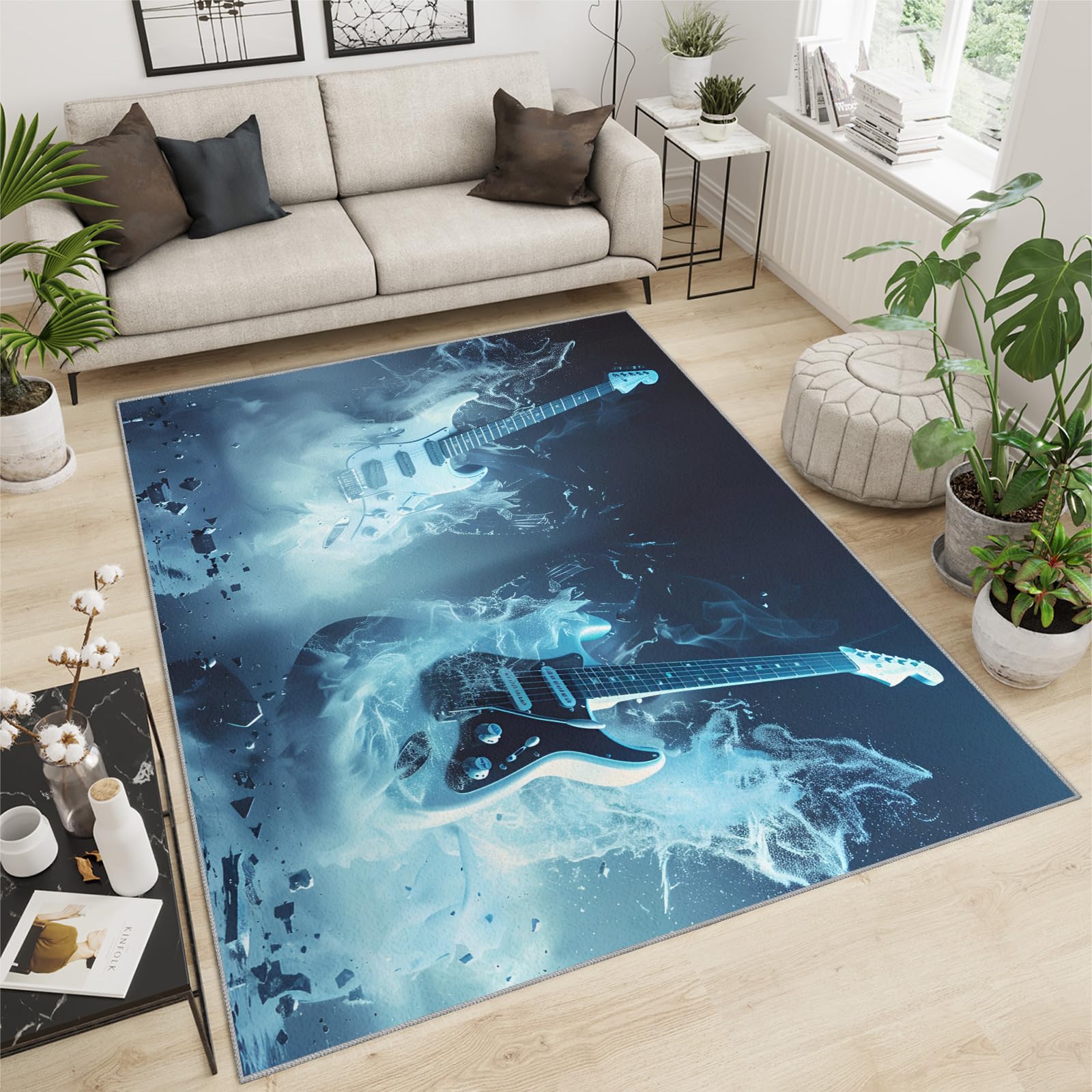 Tapis à motif guitare pour salle de musique – Tapis musical pour garçons, salon, chambre à coucher, lavable, antidérapant et doux, petit tapis rock and roll et décoration d'intérieur 90 x 120 cm