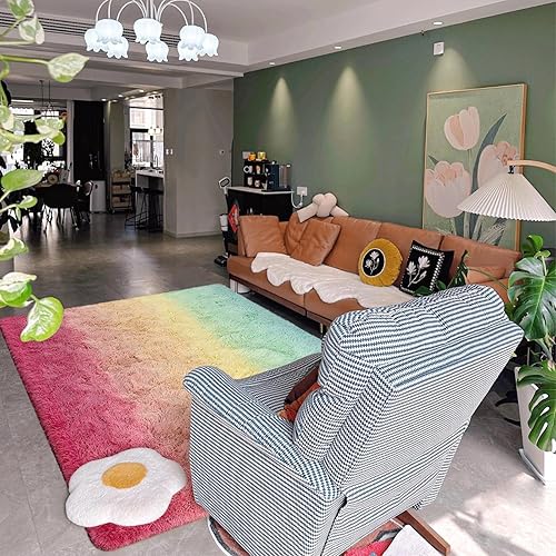 Miniatura 8 de DweIke Alfombra peluda de 5 x 8 pies, color rosa arcoíris, para interiores, alfombra de felpa ultra suave para sala de estar y dormitorio,