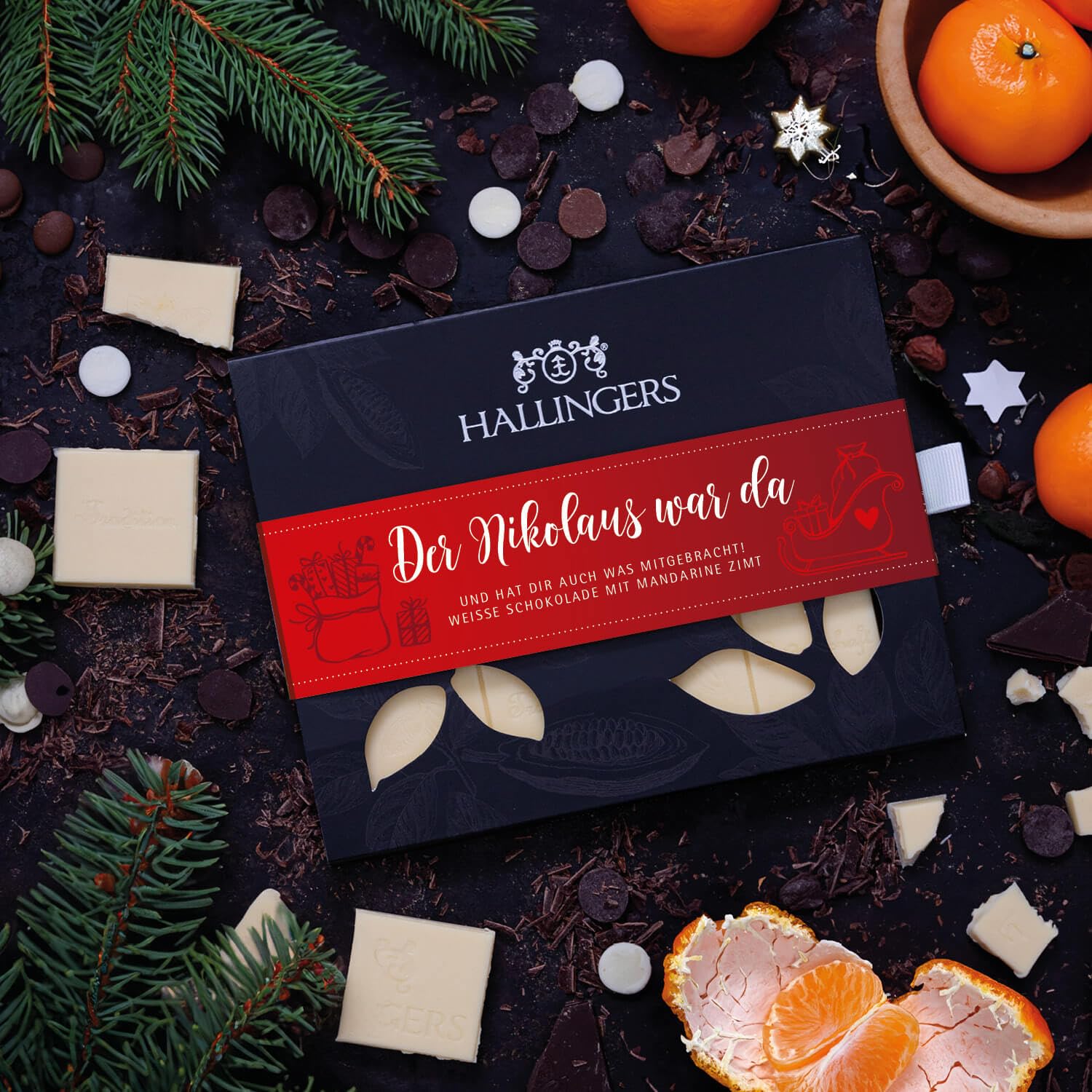 Hallingers Genuss Manufaktur Weiße Schokolade Weihnachts-Geschenk - Tafel handgeschöpfter Edelkakao ohne Alkohol edler Karton 10x "Der Nikolaus wa..." Mandarine-Zimt, Weihnachten für Frauen Männer