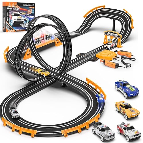Slot Car Race Track Sets with 4 Slot Cars, Electric Race Car Track Include Slope Circular Overpass Track, Dual Racing Game Featuring Flash Bridge and Pendulum, Gifts Toys for Boys Kids Age 6 7 8-12
