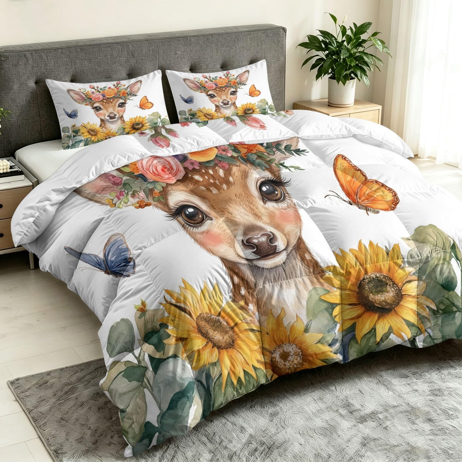 Piumino Animale Giraffa Girasole Stampato 2 Persone Reversibile 200 x 200 cm, morbido piumino 4 stagioni senza copripiumino, anallergico lavabile Cartoon floreale modello per bambini adolescenti