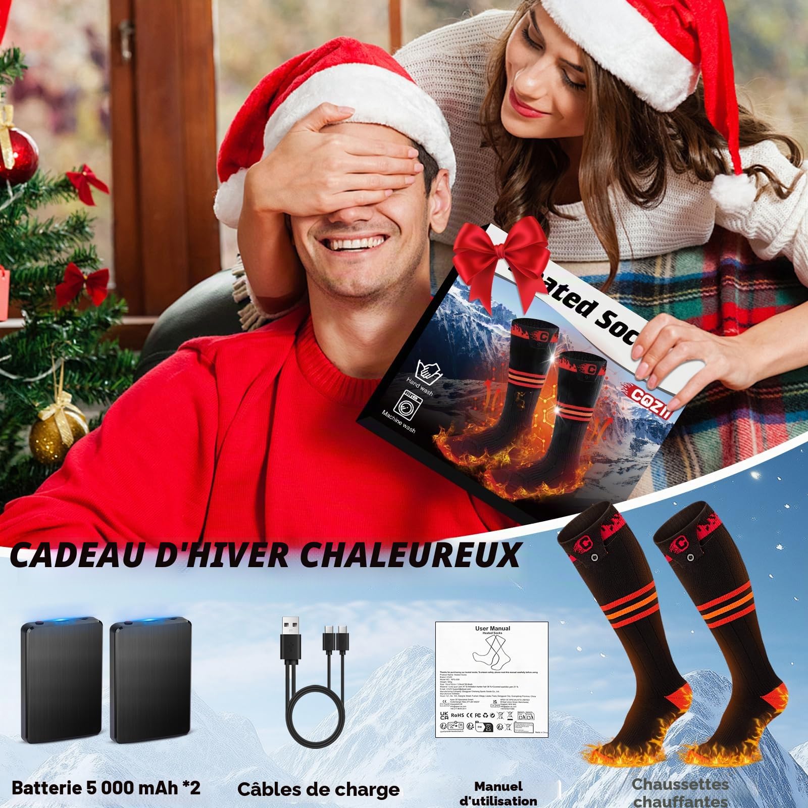 COZII Chaussettes Chauffantes, 5V 5000mAh Chaussette Chauffante Homme Femme USB Rechargeables, 3 Niveaux Chauffage Chaussettes d'hiver pour Sports Ski Cyclisme Moto Camping (Rayures)