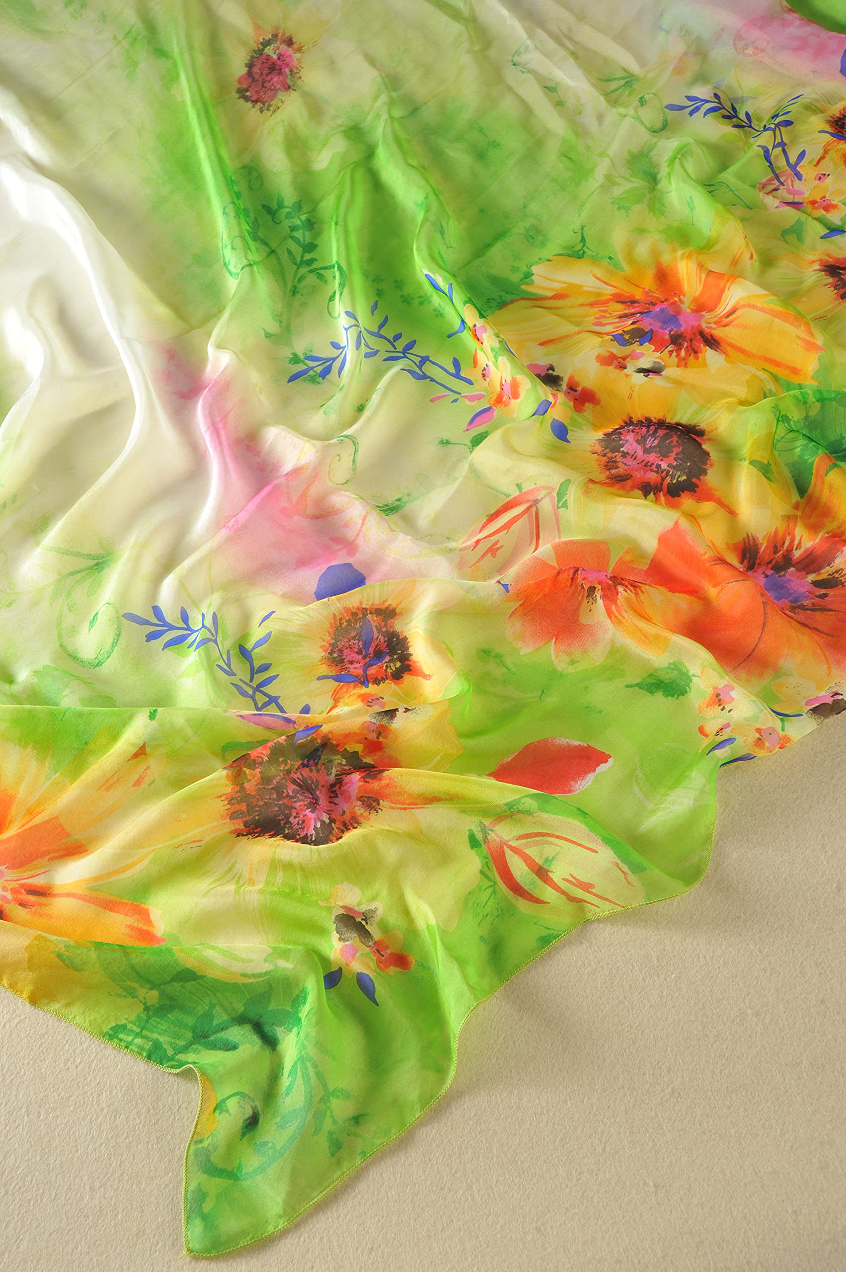 Bufanda de seda de gran tamaño XXL para mujer, Multicolor y verde., XX-Large