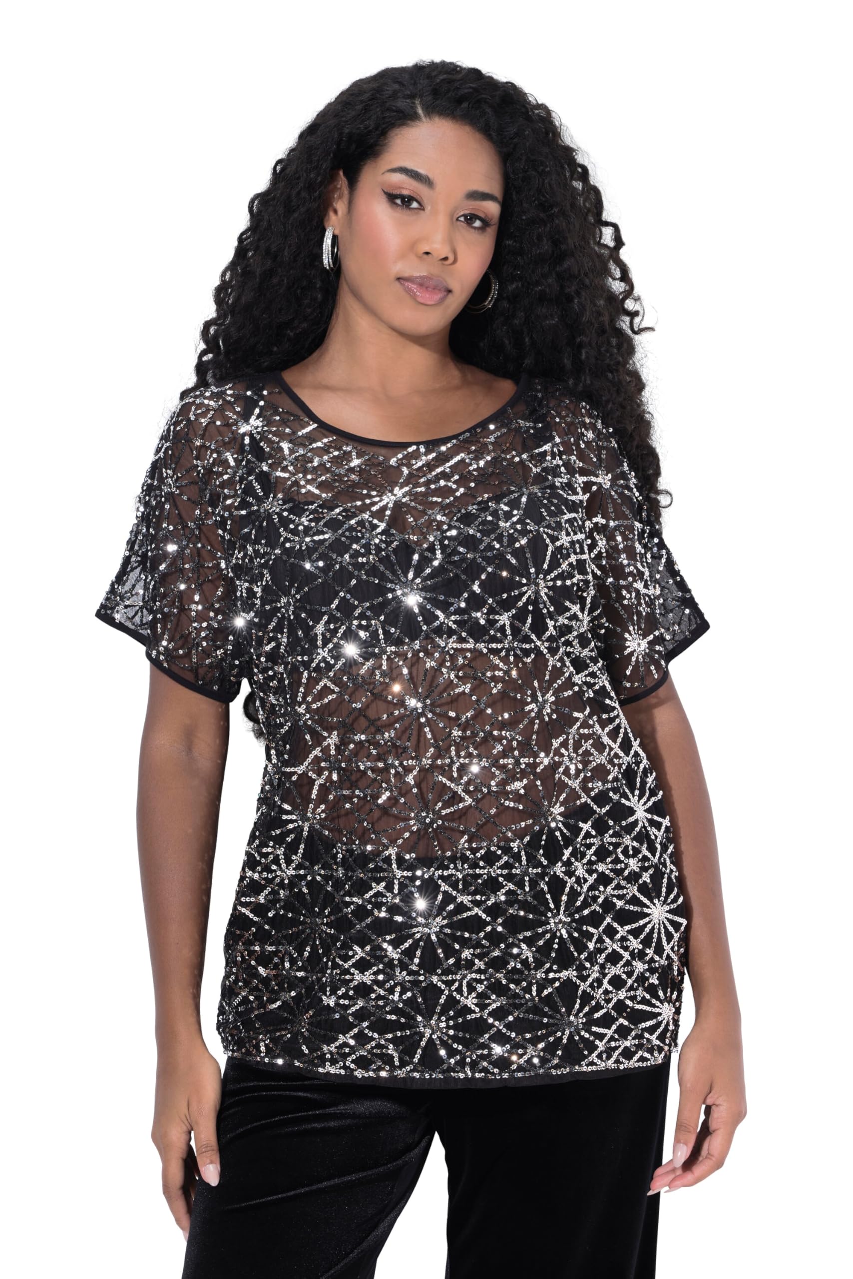 Ulla Popken Damen große Größen Übergrößen Plus Size Mesh-Bluse, Pailletten, Oversized, Rundhals, ärmellos 844422