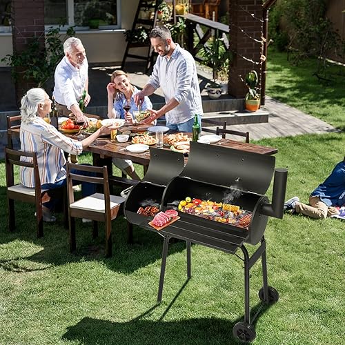 Miniatura 8 de VINGLI Parrilla de carbón de barril con ahumador desplazado, parrilla grande para ahumar al aire libre con ruedas para fiesta, jardín, patio y patio