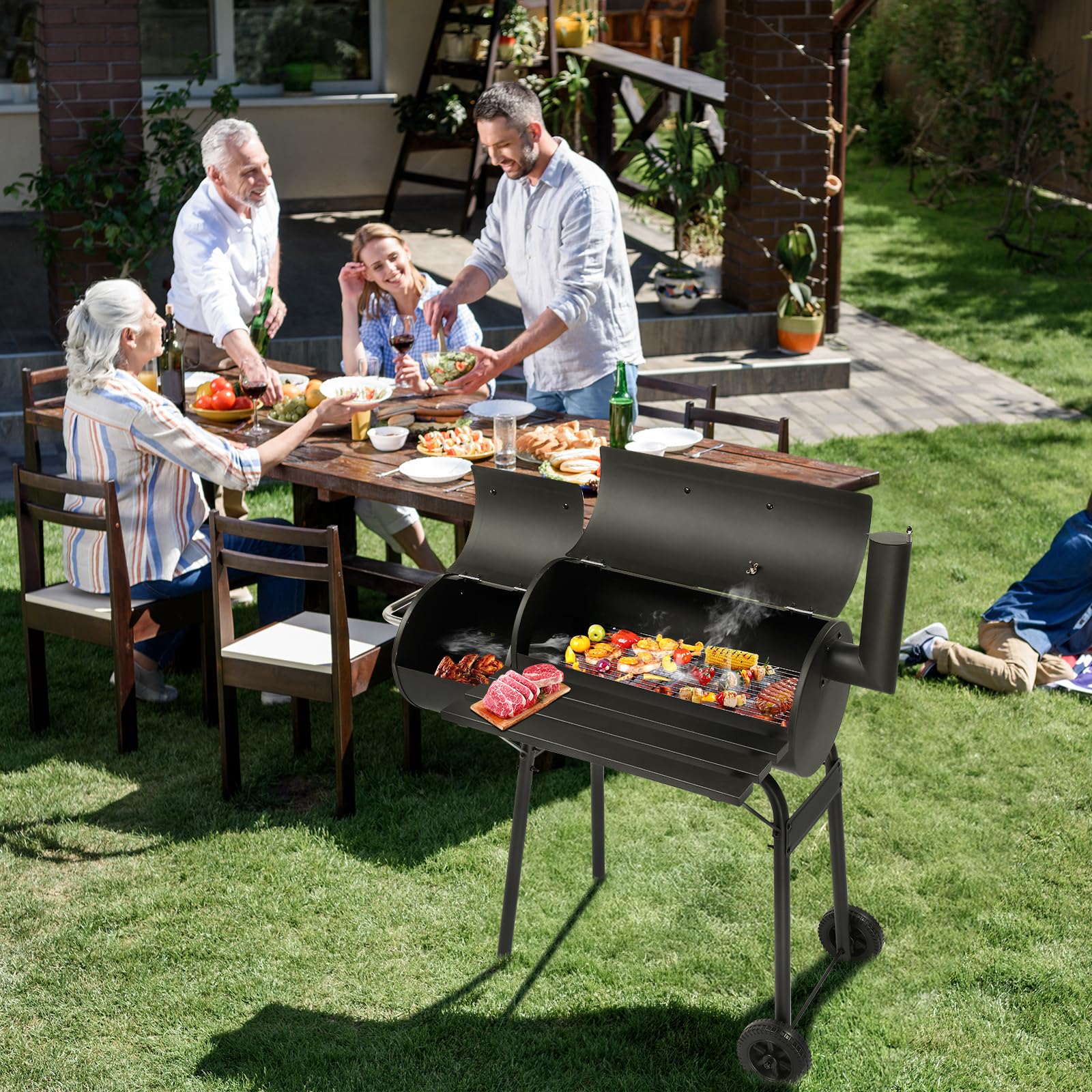 LEADZM Barbecue Charbon de Bois avec grande grille de cuisson–Double foyer，Chariot de barbecue mobile haut de gamme - Fumoir en métal pour jardin et terrasse, 111x54x93 cm