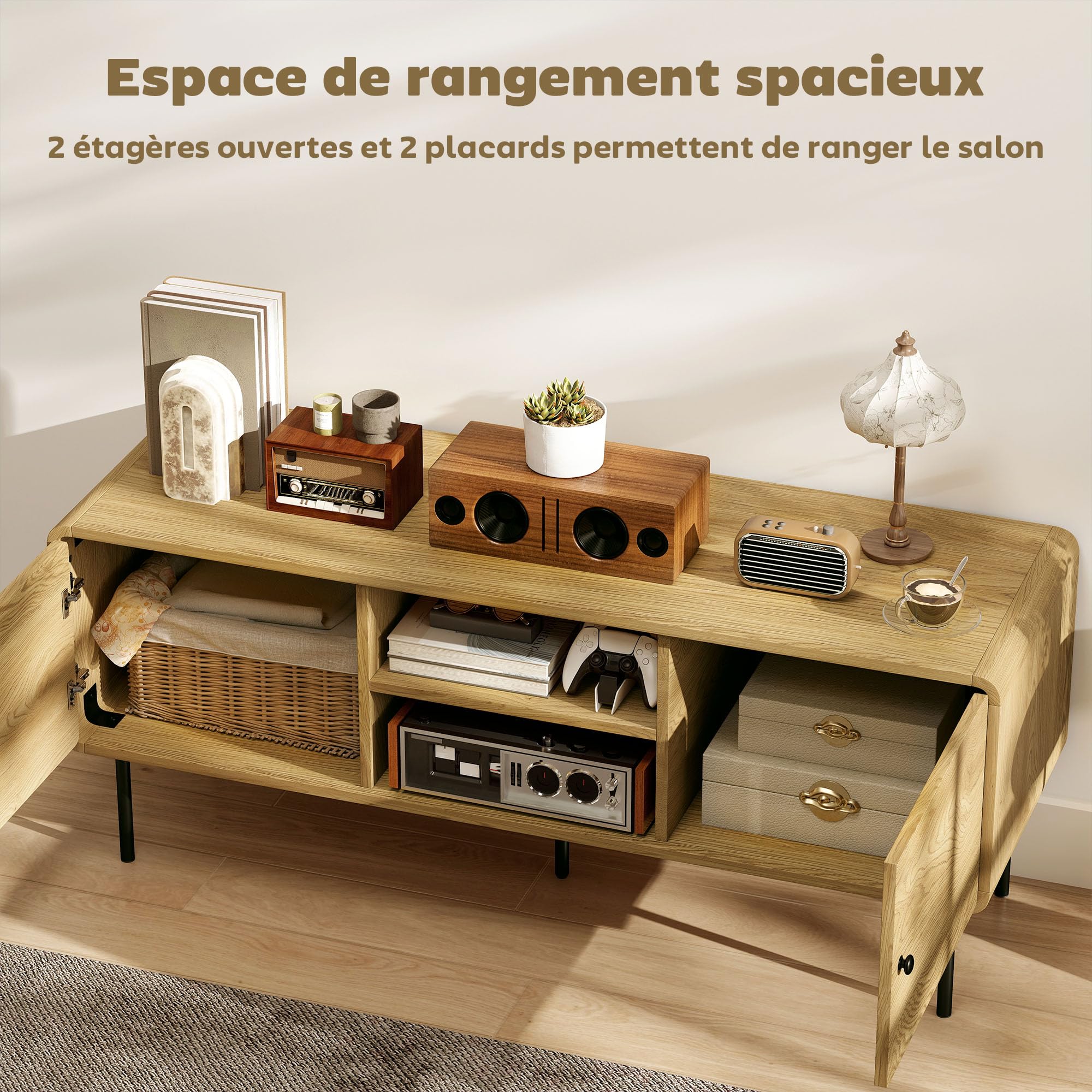 HOMCOM Meuble TV 120 cm avec Coins Arrondis, 55 Pouces, chêne | Passe-câbles, 2 Compartiments Ouverts, Pieds en Acier, Banc TV Moderne, Salon, Chambre à Coucher