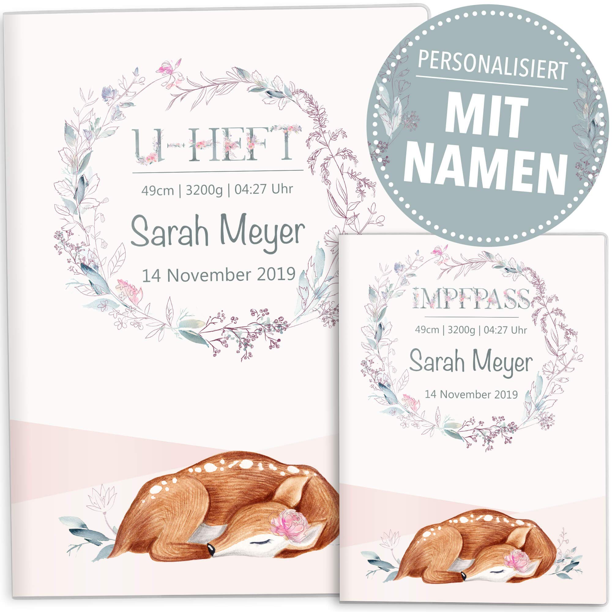 OLGS U-Heft und Impfpasshüllen Set Rehkitz | Untersuchungsheft und Impfpass Hülle für Kidner personalisierbar mit Namen und Geburtsdatum (Uhefthülle, Impfpasshülle personalisiert, Amanda)