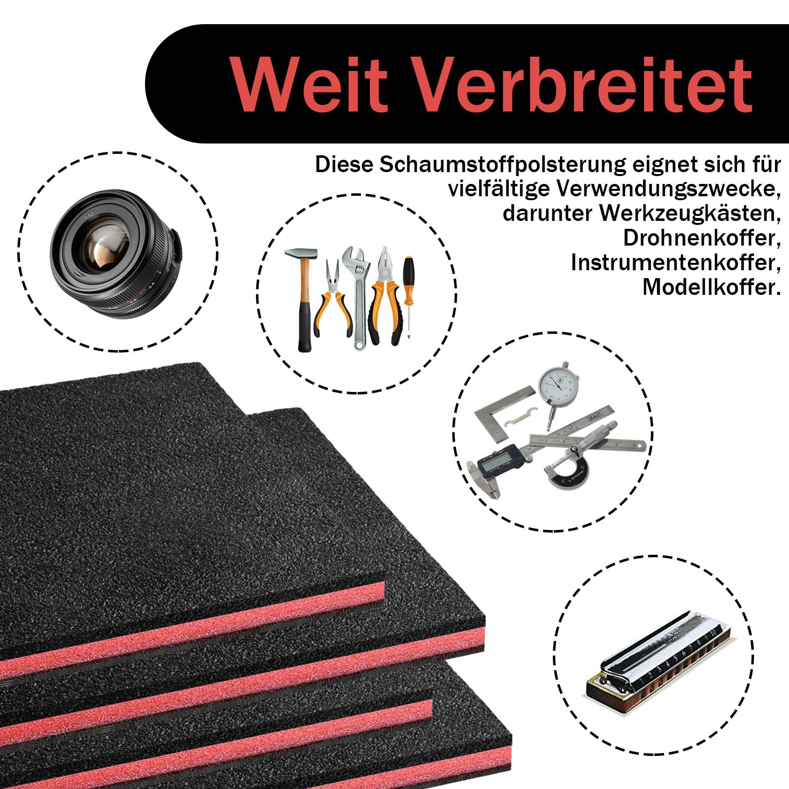 4er-Set Werkzeugschaum 40x30x2,5 Cm – EPE Hartschaumplatten, Zuschneidbar Für Kästen & Koffer, Schwarz/rot
