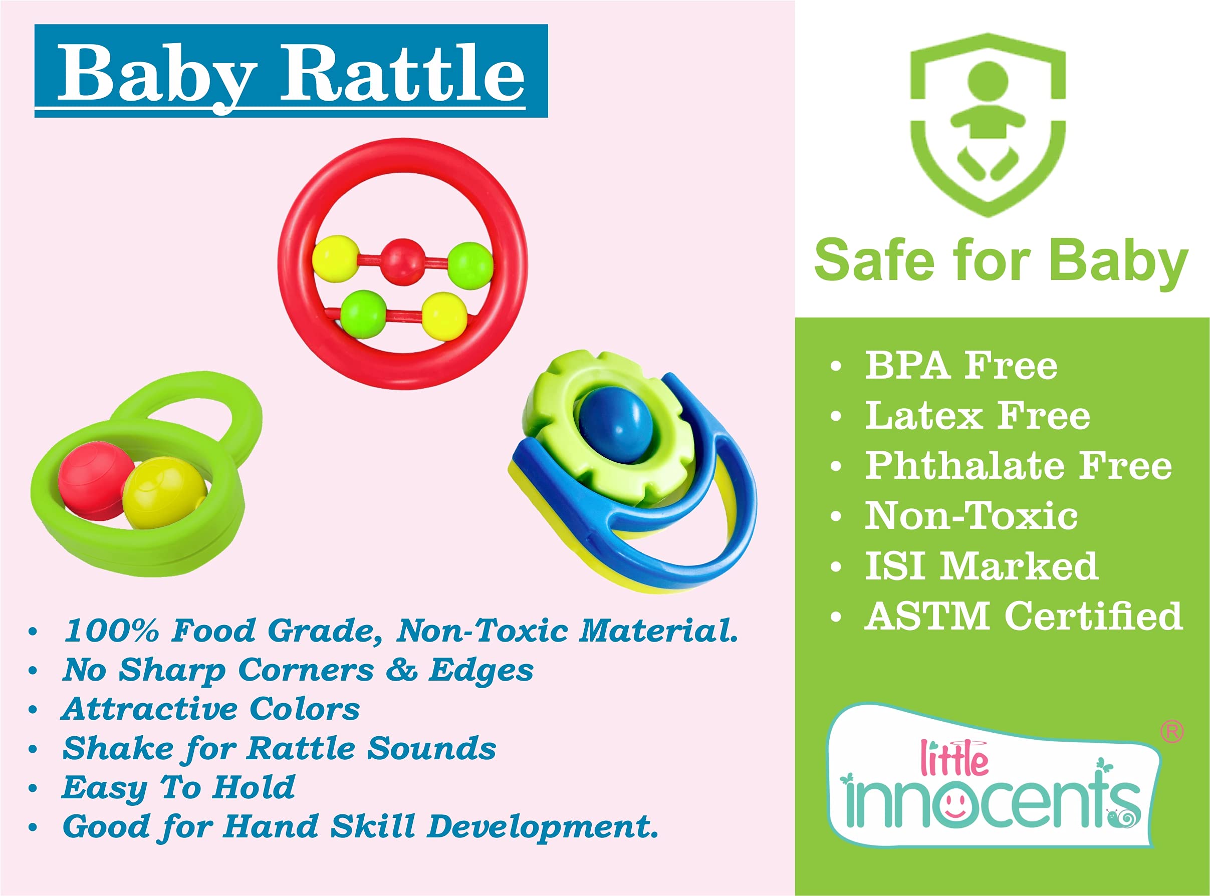 Little Innocents BPA-Free Non Toxic Colorful Plastic 3 Shake & Grab Rattles & 1 Soothing Key Teether for Babies & Infants, Early Age Toys for New Borns(4Pcs-Multicolor)…