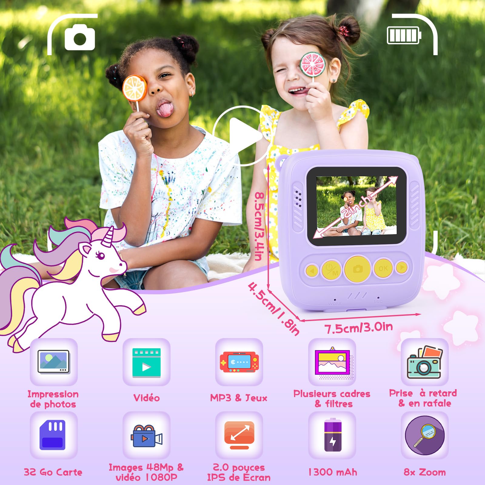 Aparat natychmiastowy dla dzieci, aparat natychmiastowy 48 MP dla dzieci z kartą 32 GB i papierem do drukowania, aparat cyfrowy dla dzieci 1080P, prezent dla chłopców - fioletowy