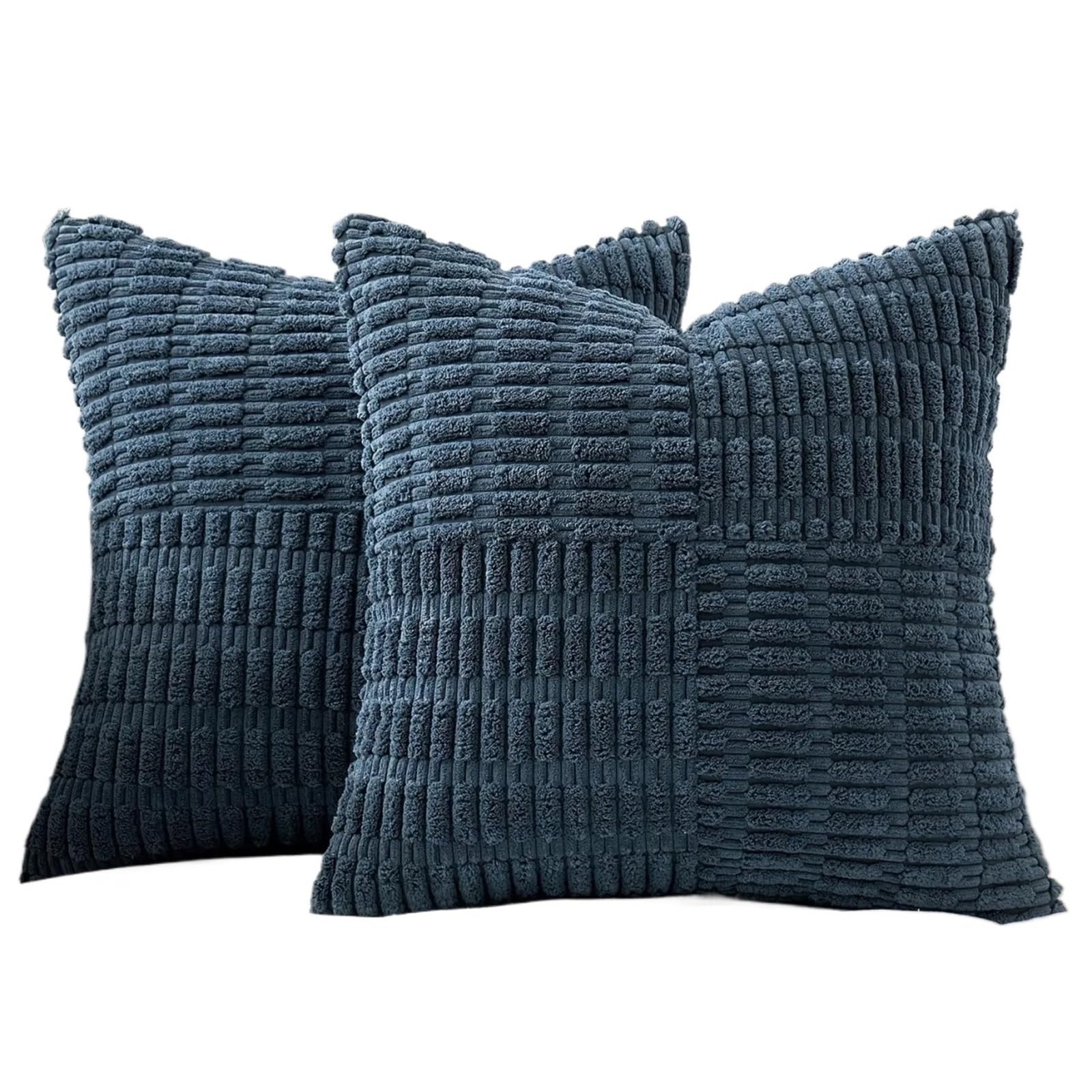 HEUchuan Corduroy Cushion Covers 2Pcs Throw Pillow Covers 18x18 Inch Soft Corduroy Cover Boho Textured Striped Patchwork Cushion Case for Couch Sofa Bed for Sofa Couch Bedroom(Blue)