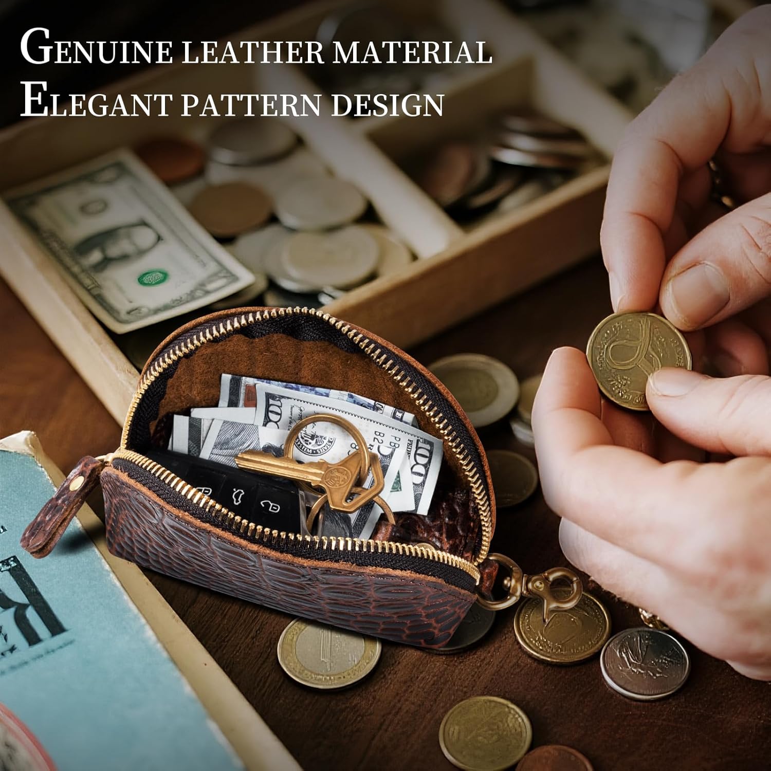 Gexmil Genuine Leather Coin Purse with Zipper, Full Grain Leather, Mini Coin Pouch for Women Men, Change Wallet,Crocodile Brown - Image 2