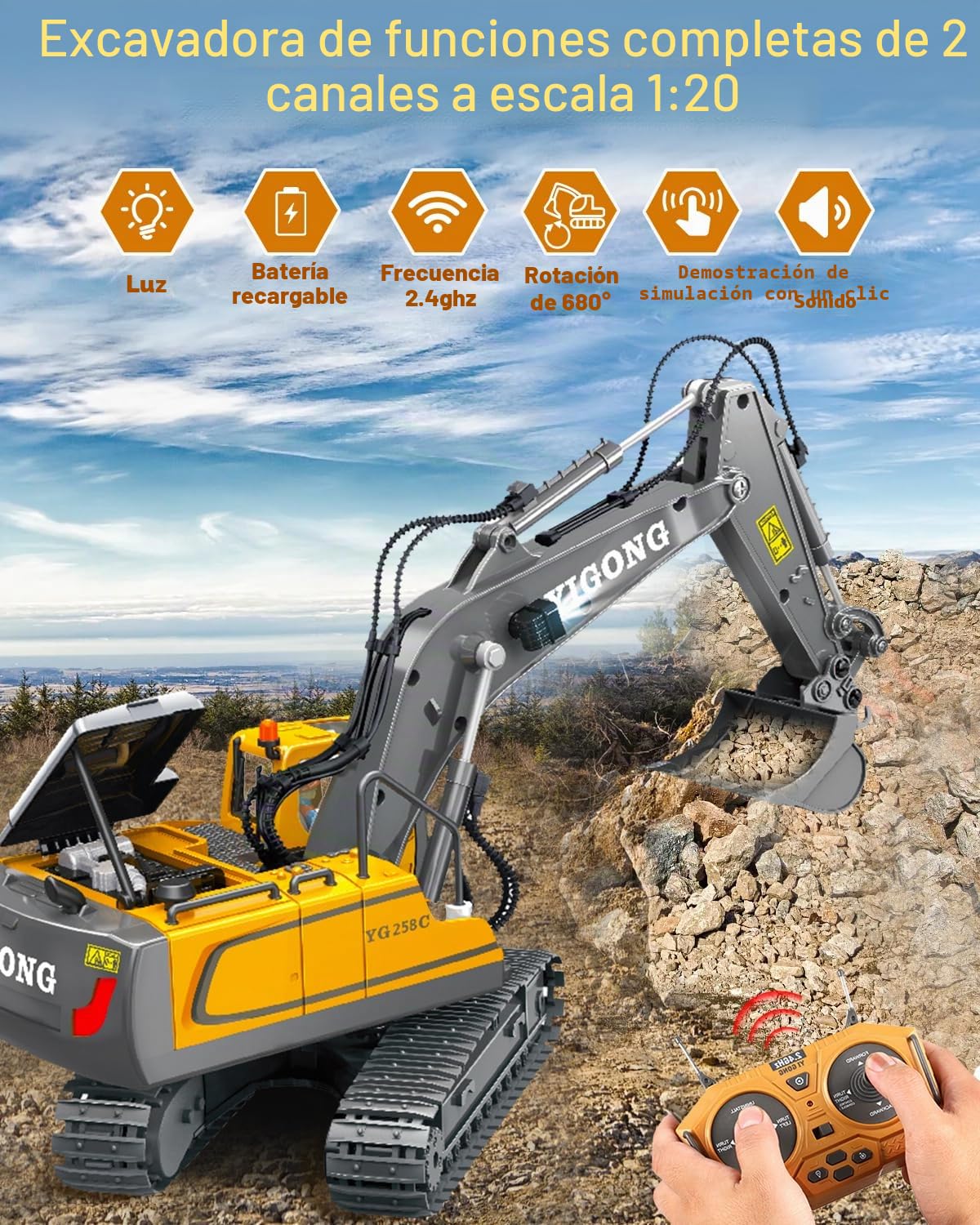 Juguete de excavadora teledirigida para niños - Excavadora RC con pala de metal, rotación de 680°, luz y efectos de sonido, regalo de cumpleaños de Navidad niño 6 7 8 9 10 11 12 años
