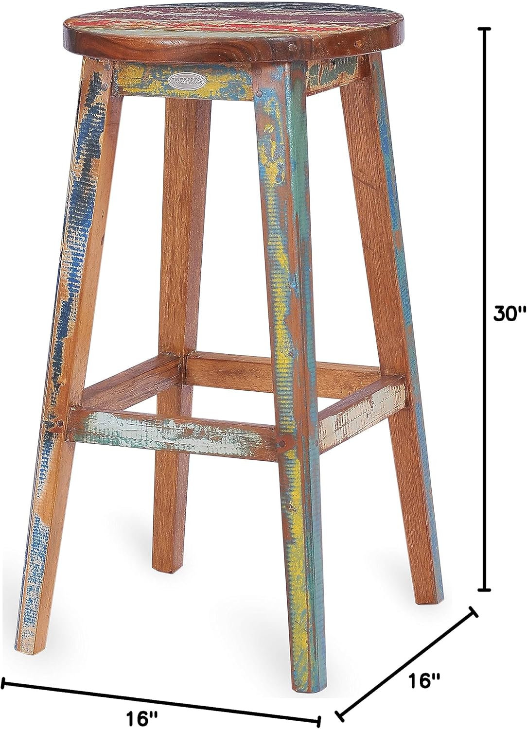CHIC TEAK Marina Del Rey Round Recycled Teak Wood Boat Barstool, Made from Solid Reclaimed Boat Teak Wood