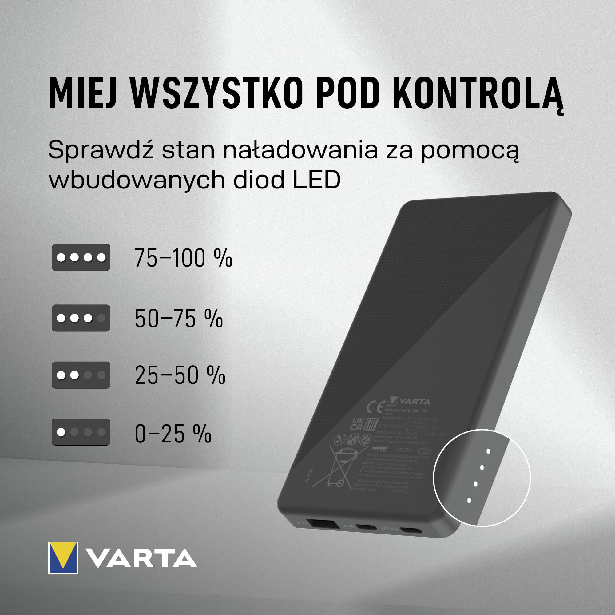 VARTA Power Bank 20000mAh, Powerbank Power on Demand z 3 portami (1x USB A, 2x USB C), kompatybilna z tabletami i smartfonami, w ekologicznym opakowaniu