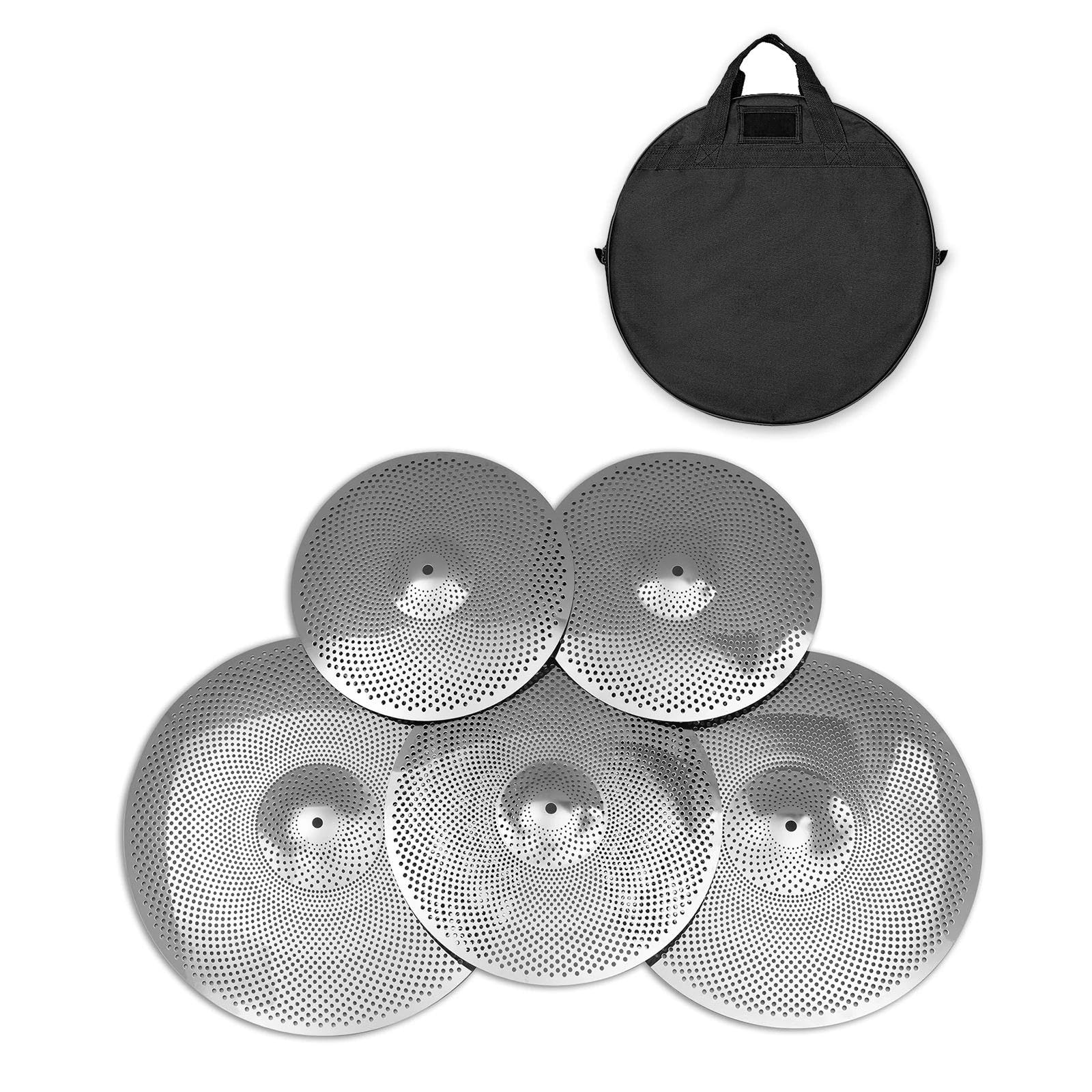 Piatti per Batteria Professionali Confezione Di Piatti Argento A Basso Volume, Set Di Piatti Muti 14''/16''/18''/20'' (5 Pezzi) Con Borsa Per Piatti