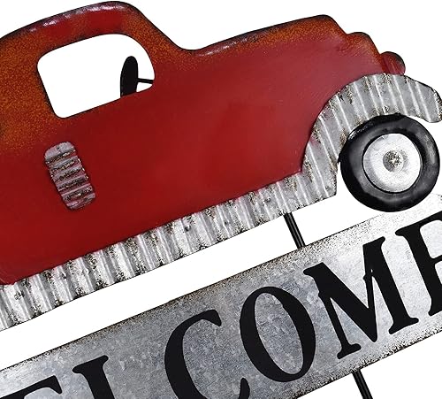 Miniatura 3 de Camioneta rústica de metal rojo con estaca de patio intercambiable de temporada, camión rojo con árbol de Navidad y calabazas, decoración de jardín